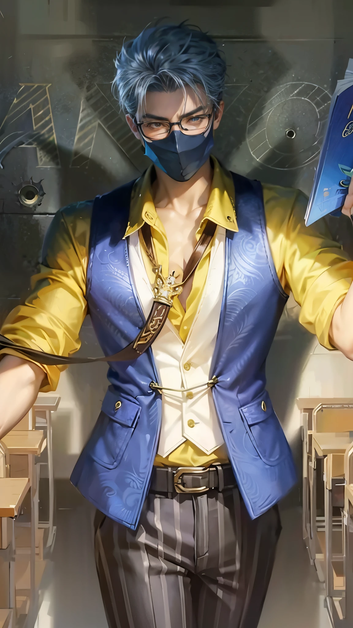 Best quality, masterpiece, detailed skin texture, detailed clothes texture, detailed face, super detail, 8k, intricate detail, 1 boy, The color doesn't change, Muscle guy, 1 guy, anime character with a mask and glasses holding a book, inspired by Cao Buxing, range murata and artgerm, style ivan talavera and artgerm, style of artgerm, sakimichan frank franzzeta, artgerm. high detail, character splash art, inspired by Huang Shen, artgerm. anime illustration, strong yellow eye glow (yellow eye:1.2)