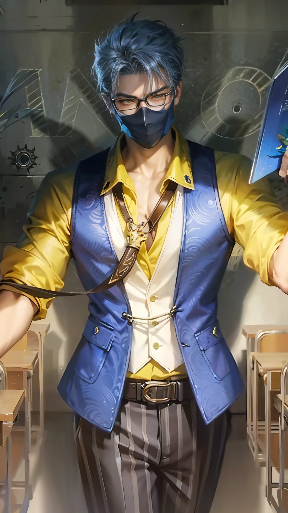 Best quality, masterpiece, detailed skin texture, detailed clothes texture, detailed face, super detail, 8k, intricate detail, 1 boy, The color doesn't change, Muscle guy, 1 guy, anime character with a mask and glasses holding a book, inspired by Cao Buxing, range murata and artgerm, style ivan talavera and artgerm, style of artgerm, sakimichan frank franzzeta, artgerm. high detail, character splash art, inspired by Huang Shen, artgerm. anime illustration, strong yellow eye glow (yellow eye:1.2)