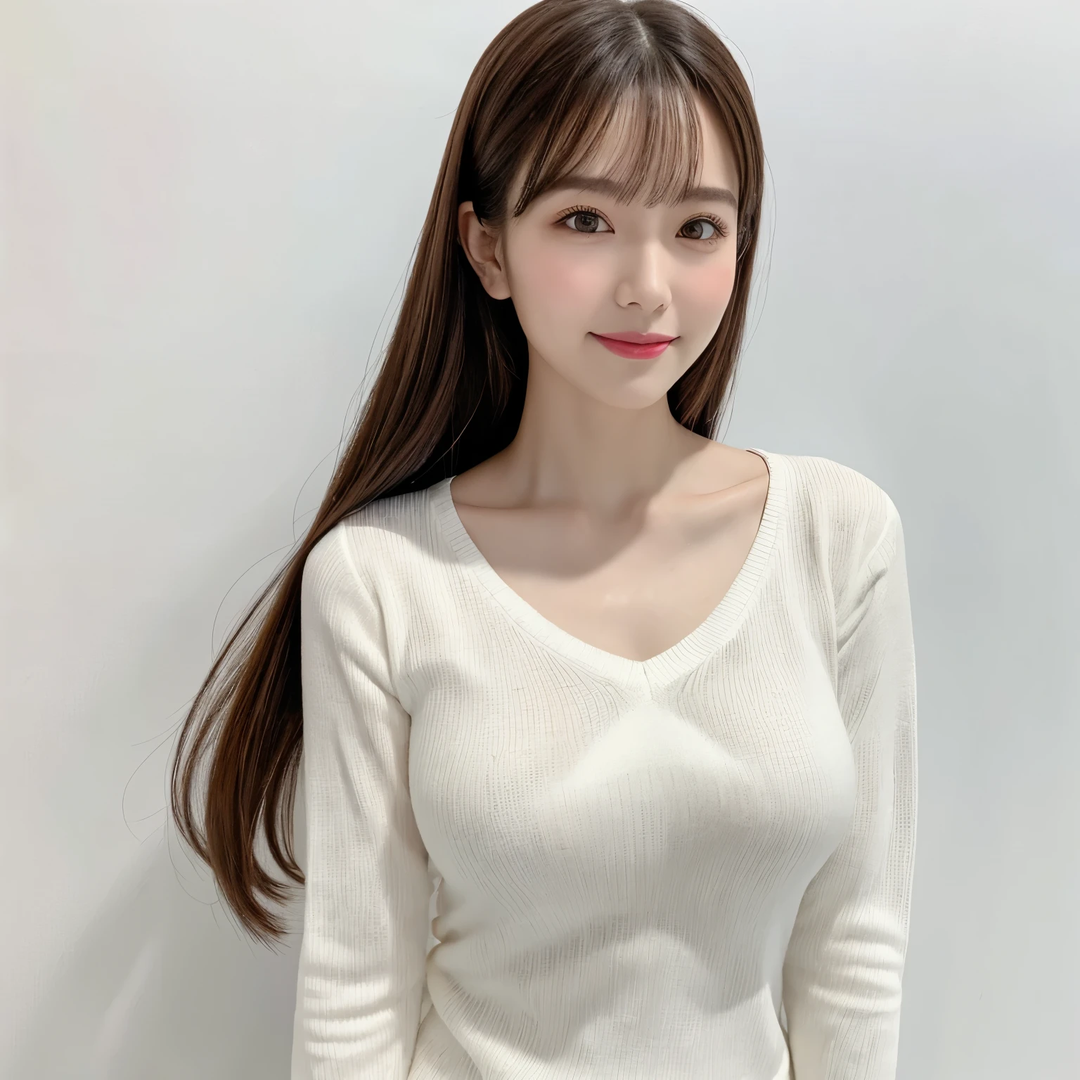 (highest quality、table top、8k、best image quality、Award-winning work)、One cute beauty、straight medium hair、(alone:1.15)、(White fitted V-neck long sleeve knit:1.2)、(Perfect V-neck long sleeve knit:1.1)、(The simplest pure white background:1.3)、(Perfectly fixed on the front:1.1)、close up of face、(very big breasts:1.3)、(emphasize body line:1.2)、(Perfect frontal and horizontal portrait of a woman with proper white space:1.2)、(Perfect depiction of a woman horizontally and from the front:1.2)、beautiful and detailed eyes、look at me and smile、(Upright photo from the chest up:1.2)、(turn around and look straight at me:1.2)、perfect makeup、Ultra high definition beauty face、ultra high definition hair、Super high-definition sparkling eyes、Ultra high definition perfect teeth、Super high resolution glossy lips、accurate anatomy、very beautiful skin、(Pure white skin that shines with ultra-high resolution:1.1)、Elegant upright posture when viewed from the front、(very bright:1.2)