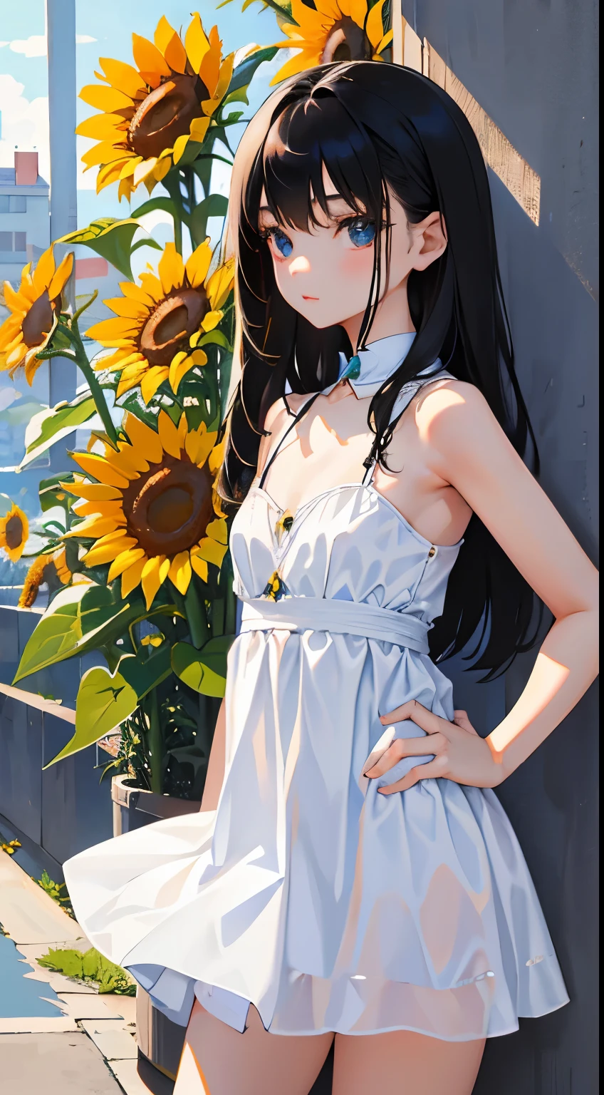 (short cute girl,small young student,young delicate girl),(masterpiece,Top quality),long black hair, white dress,sunflower