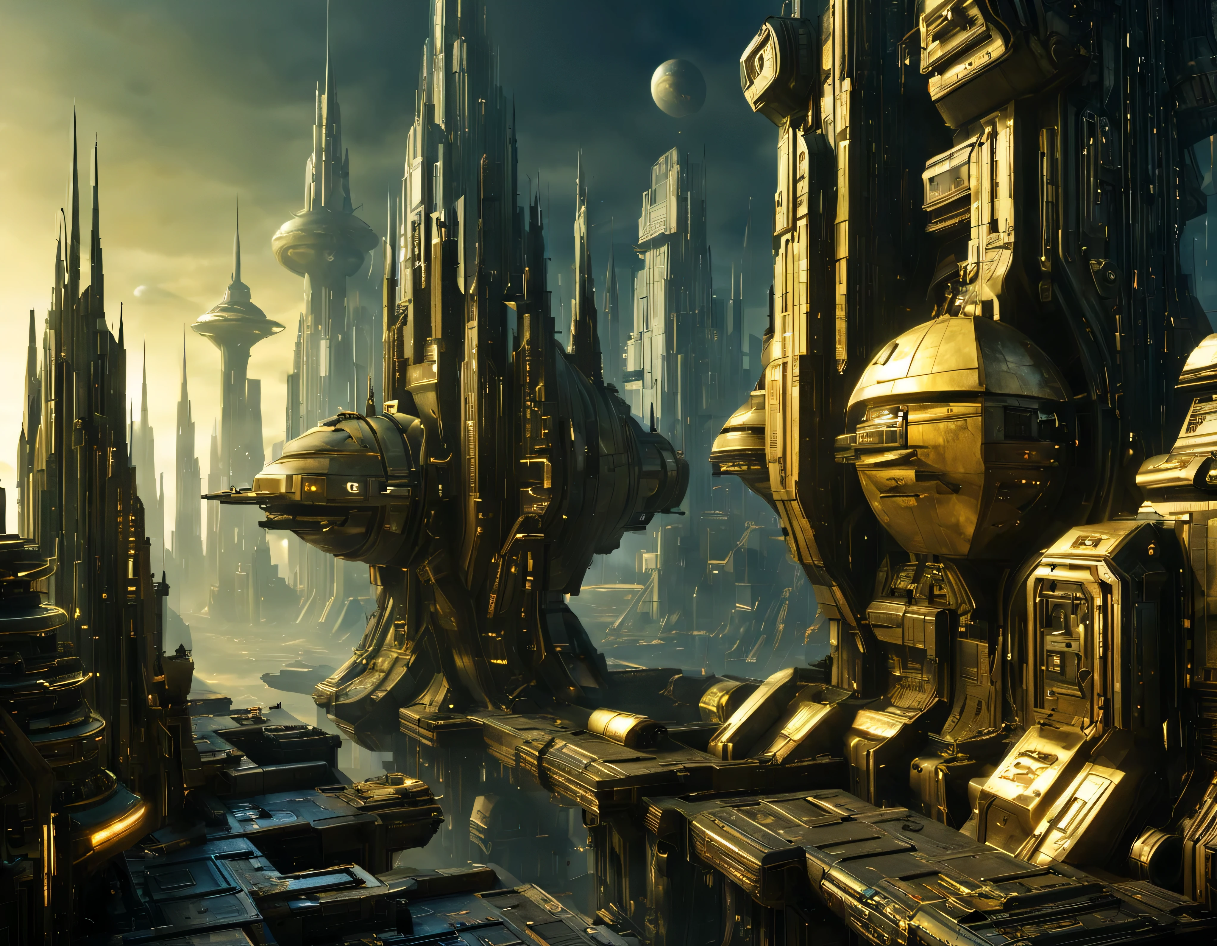 (iluminacion hora dorada), On an unknown planet there is a futuristic fantasy city en una megalopolis similar to the one in the movie Tomorrowland., cyberpunk, century XXV technology, with huge buildings of super technological designs piramidales y octogonales, puentes entre edificios, que forman una infinita avenida con estructuras acristaladas y de metal , donde predomina el bronce, con Colores vivos, pavimento ensolado sin brillo, poca gente paseando, similar a Coruscant, imagen bien definida 8k, (intrincados detalles de la maquina), con muchos edificios juntos.(obra maestra de superior calidad).(imagen fotorrealista), nitidez absoluta hasta el fondo. fondo detallado.