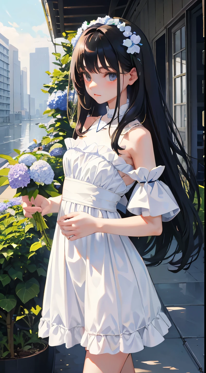 (short cute girl,small young student,young delicate girl),(masterpiece,Top quality),long black hair, white dress,hydrangea