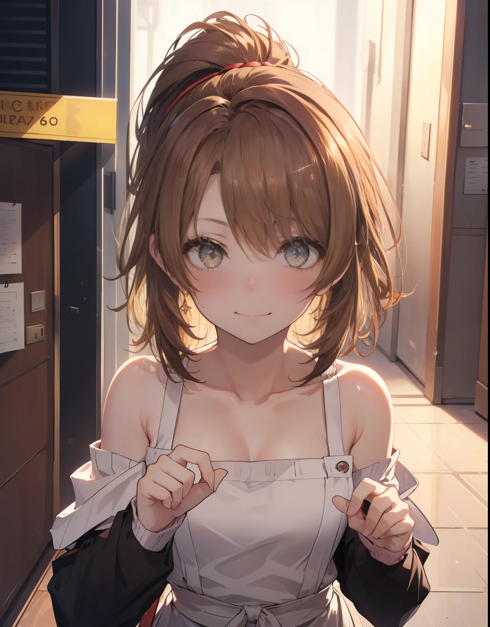 irohaisshiki, Isshiki Iroha, １people&#39;s women,long hair, light brown hair, ponytail,(brown eyes:1.5), smile,blush,night,
off shoulder sweater,long skirt,indoor slippers,apron,entrance
壊す indoors,indoor　entrance,
壊す looking at viewer,Upper body
break (masterpiece:1.2), highest quality, High resolution, unity 8k wallpaper, (shape:0.8), (beautiful and detailed eyes:1.6), highly detailed face, perfect lighting, Very detailed CG, (perfect hands, perfect anatomy),