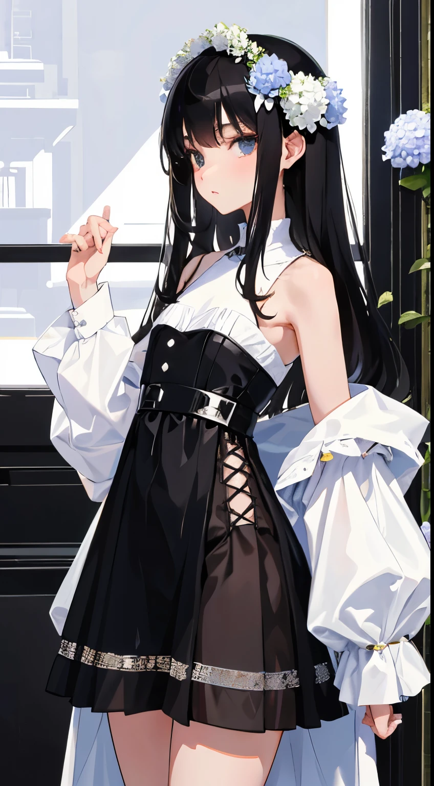 (masterpiece, Highest quality: 1.2), night, Highly detailed face, The real picture, Realistic Skin, Realistic body, Intricate details), Red eyes, (Intimidating look), A slight blush, Social attire, Half-open button-up shirt (white), whiteいブラジャー, skirt (black), black belt with buckle, Beautiful long hair (Stick to braids), Mid-chest, Slender beauty,
