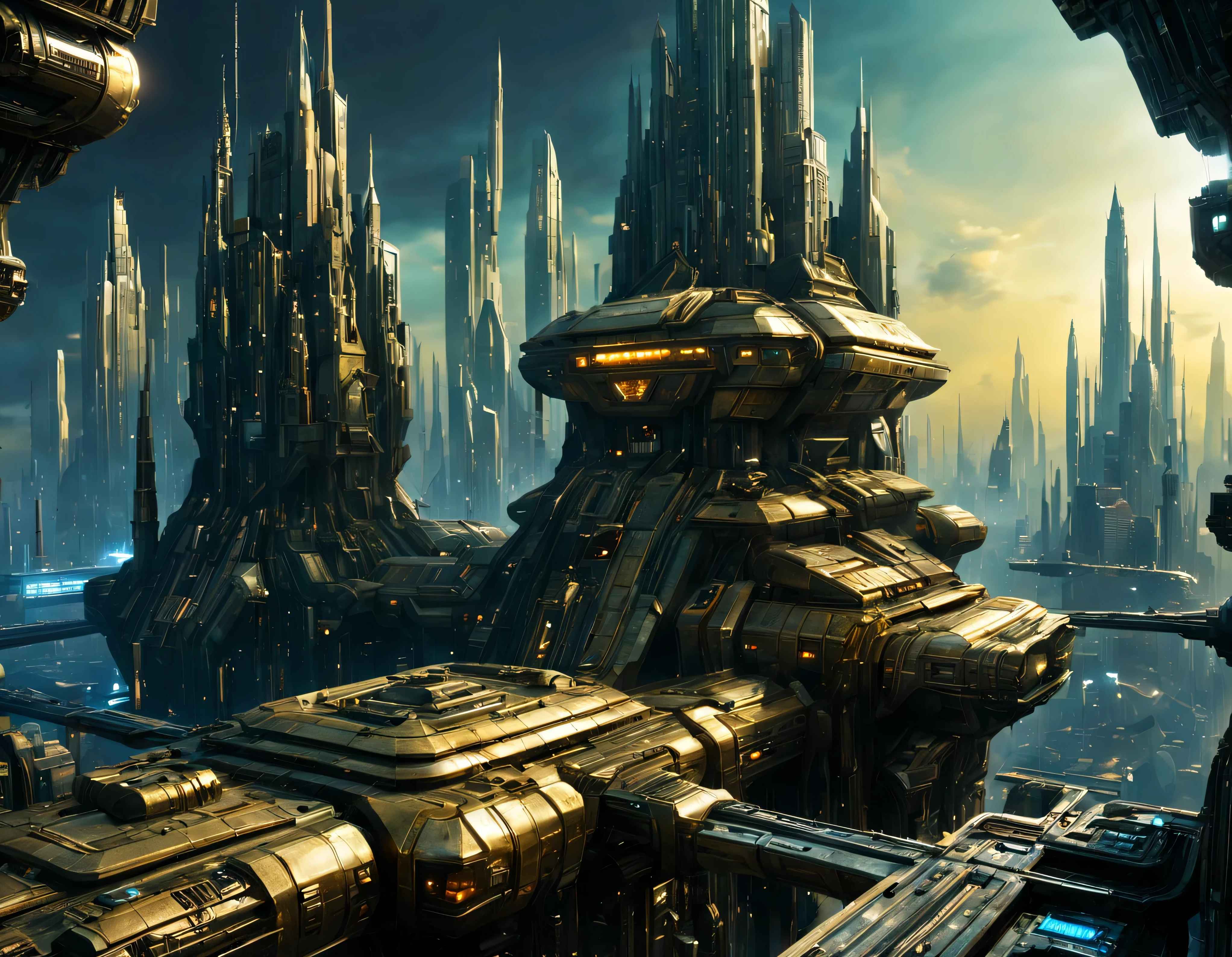 (iluminacion hora dorada), On an unknown planet there is a futuristic fantasy city en una megalopolis similar to the one in the movie Tomorrowland., cyberpunk, century XXV technology, with huge buildings of super technological designs piramidales y octogonales, puentes entre edificios, que forman una infinita avenida con estructuras acristaladas y de metal , donde predomina el bronce, con Colores vivos, pavimento ensolado sin brillo, poca gente paseando, similar a Coruscant, imagen bien definida 8k, (intrincados detalles de la maquina), con muchos edificios juntos.(obra maestra de superior calidad).(imagen fotorrealista), nitidez absoluta hasta el fondo. fondo detallado.