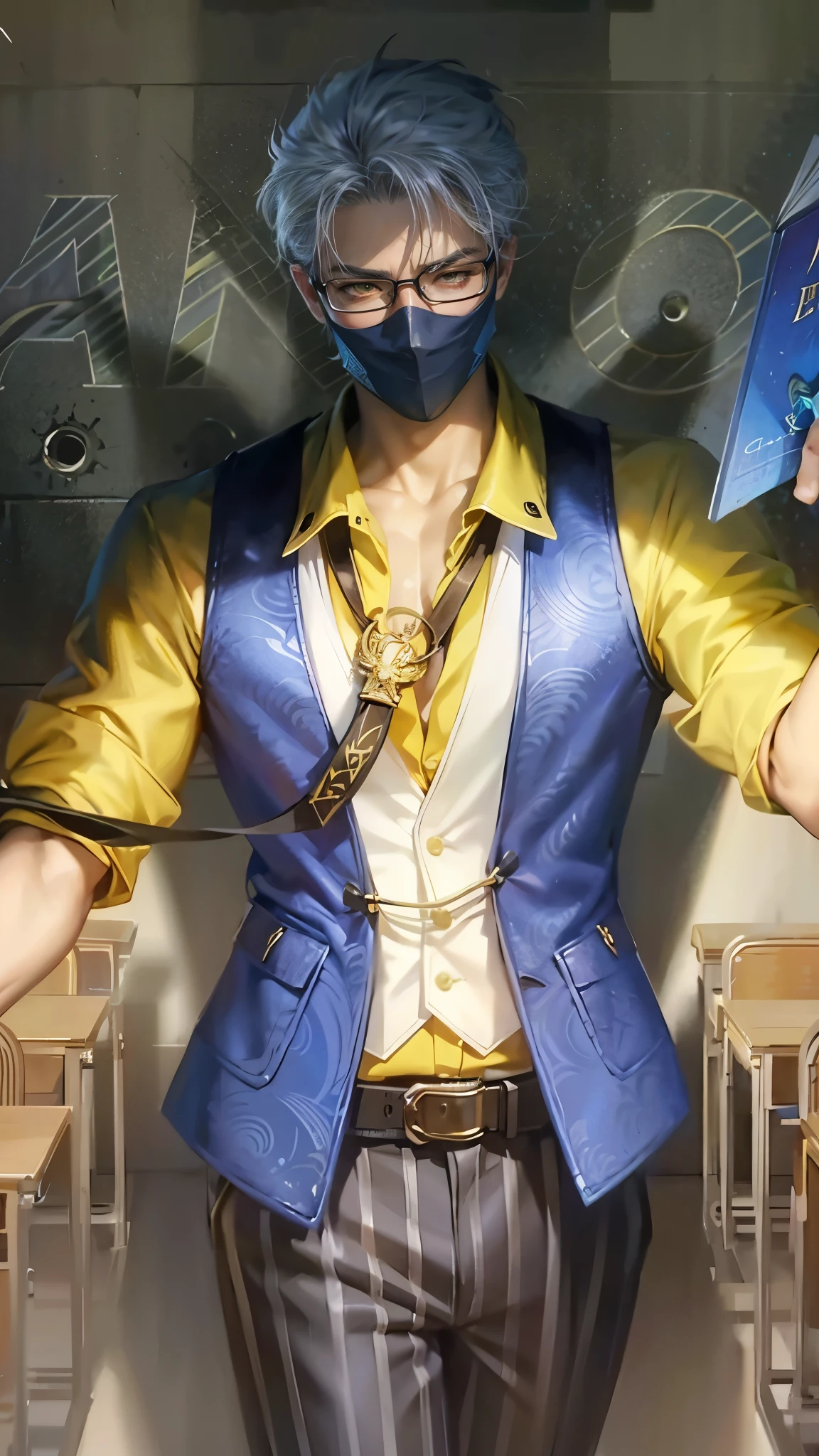 Best quality, masterpiece, detailed skin texture, detailed clothes texture, detailed face, super detail, 8k, intricate detail, 1 boy, The color doesn't change, Muscle guy, 1 guy, white hair, anime character with a mask and glasses holding a book, inspired by Cao Buxing, range murata and artgerm, style ivan talavera and artgerm, style of artgerm, sakimichan frank franzzeta, artgerm. high detail, character splash art, inspired by Huang Shen, artgerm. anime illustration, strong yellow eye glow (yellow eye:1.2)