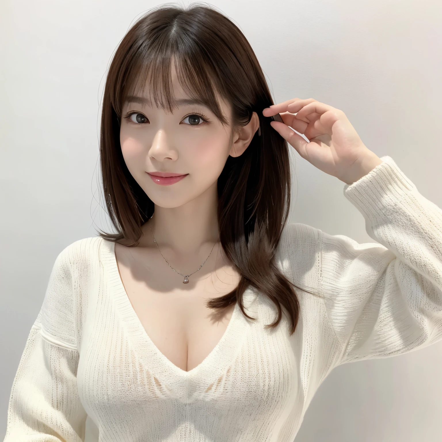 (highest quality、table top、8k、best image quality、Award-winning work)、One cute beauty、straight medium hair、(alone:1.15)、(White fitted V-neck long sleeve knit:1.2)、(Perfect V-neck long sleeve knit:1.1)、(The simplest pure white background:1.3)、(Perfectly fixed on the front:1.1)、close up of face、(very big breasts:1.3)、(emphasize body line:1.2)、(Perfect frontal and horizontal portrait of a woman with proper white space:1.2)、(Perfect depiction of a woman horizontally and from the front:1.2)、beautiful and detailed eyes、look at me and smile、(Upright photo from the chest up:1.2)、(turn around and look straight at me:1.2)、perfect makeup、Ultra high definition beauty face、ultra high definition hair、Super high-definition sparkling eyes、Ultra high definition perfect teeth、Super high resolution glossy lips、accurate anatomy、very beautiful skin、(Pure white skin that shines with ultra-high resolution:1.1)、Elegant upright posture when viewed from the front、(very bright:1.2)