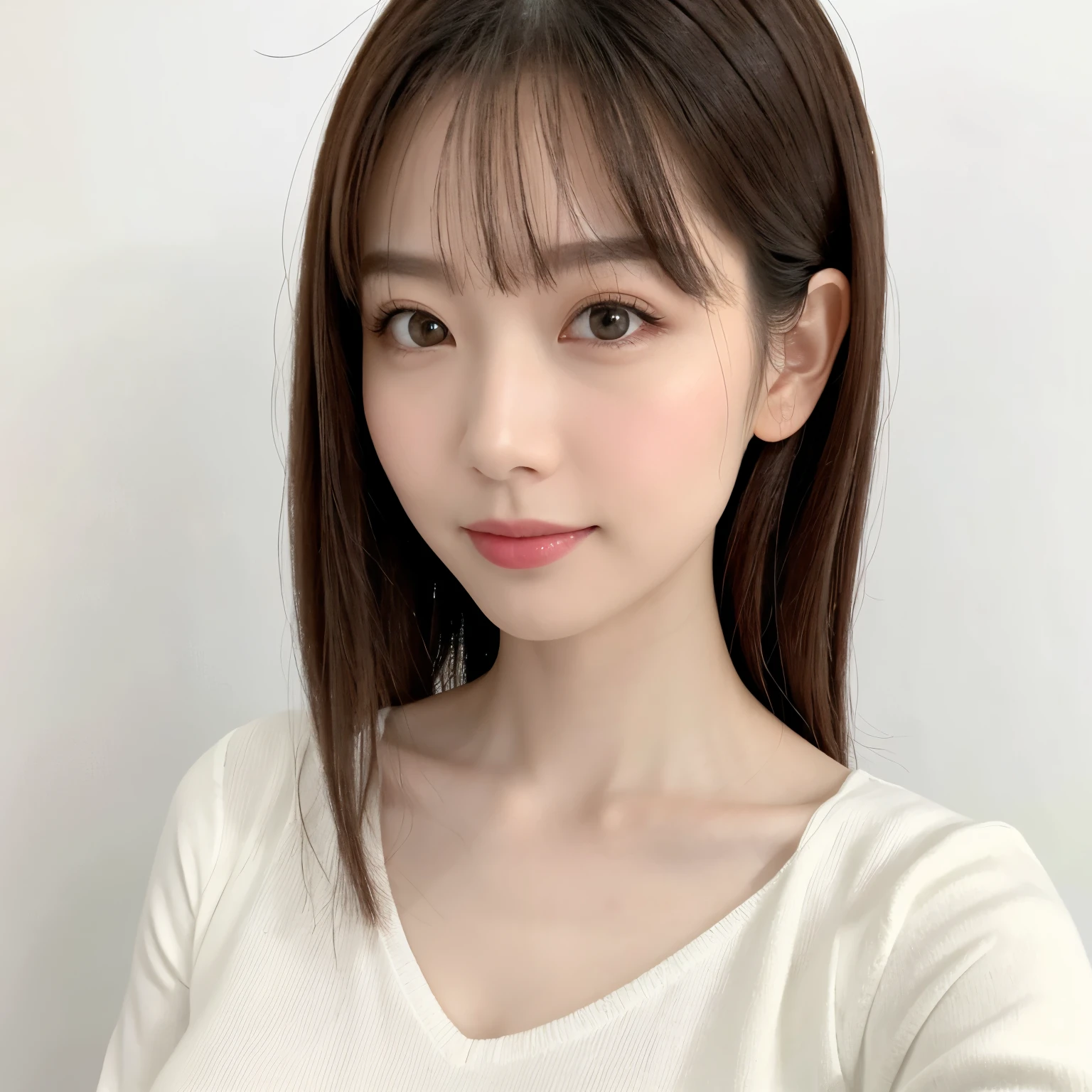 (highest quality、table top、8k、best image quality、Award-winning work)、One cute beauty、straight medium hair、(alone:1.15)、(White fitted V-neck long sleeve knit:1.2)、(Perfect V-neck long sleeve knit:1.1)、(The simplest pure white background:1.5)、(Perfectly fixed on the front:1.1)、close up of face、(very big breasts:1.3)、(emphasize body line:1.2)、(Perfect frontal and horizontal portrait of a woman with proper white space:1.2)、(Perfect depiction of a woman horizontally and from the front:1.2)、beautiful and detailed eyes、look at me and smile、(Upright photo from the chest up:1.2)、(turn around and look straight at me:1.2)、perfect makeup、Ultra high definition beauty face、ultra high definition hair、Super high-definition sparkling eyes、Ultra high definition perfect teeth、Super high resolution glossy lips、accurate anatomy、very beautiful skin、(Pure white skin that shines with ultra-high resolution:1.1)、Elegant upright posture when viewed from the front、(very bright:1.2)