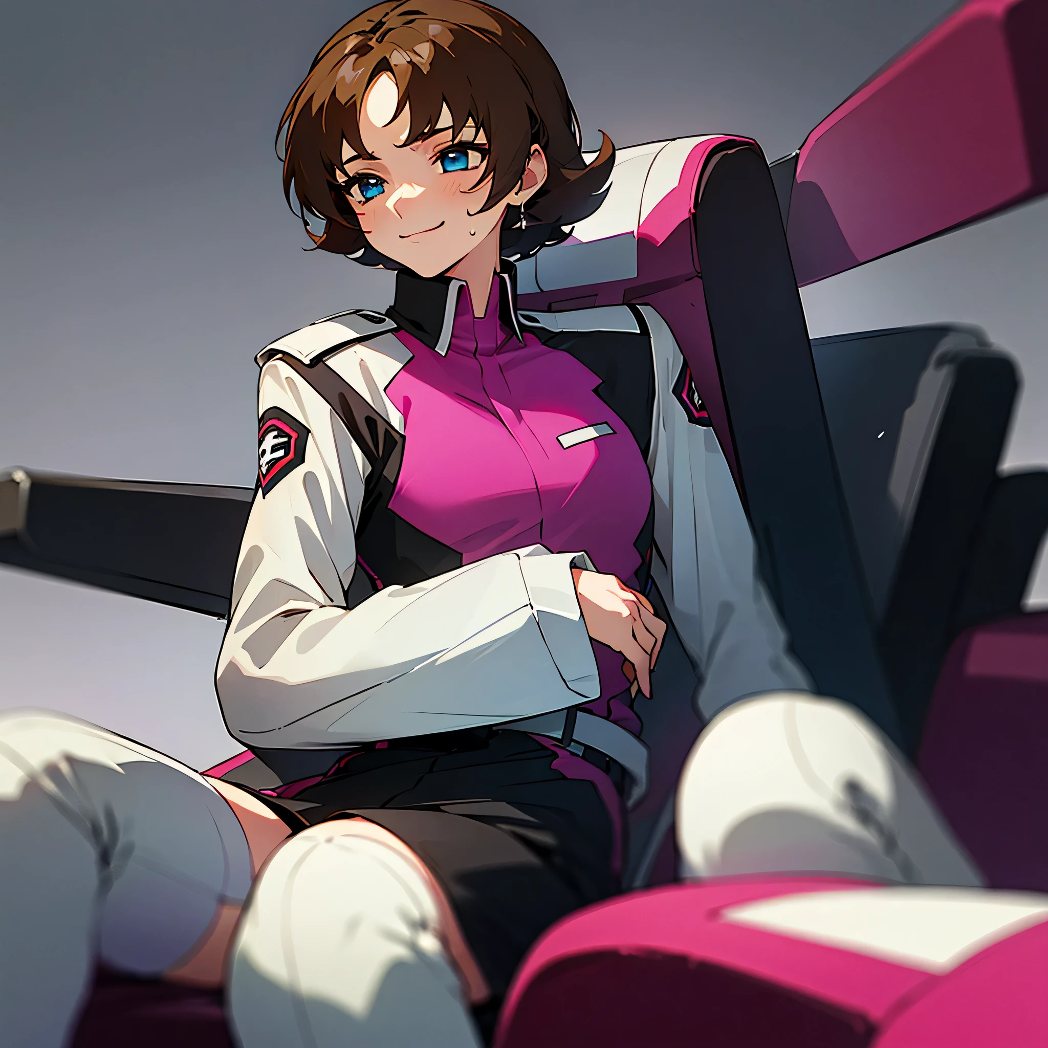 1 girl,factory,gray background,dark background,night,sitting on blue_armchair, extreme to face,close to face,Upper body,
(((masterpiece))), best quality, Very detailed, Extremely detailed CG unified 8k wallpaper,illustration,SFW,Safety at Work,alone,a woman,1 female,small,
army,black jacket,pink and white uniform, white and pink army uniform, white stockings, medium chest,blue eyes,medium hair,brown hair,
Sweat,anger,Smile,