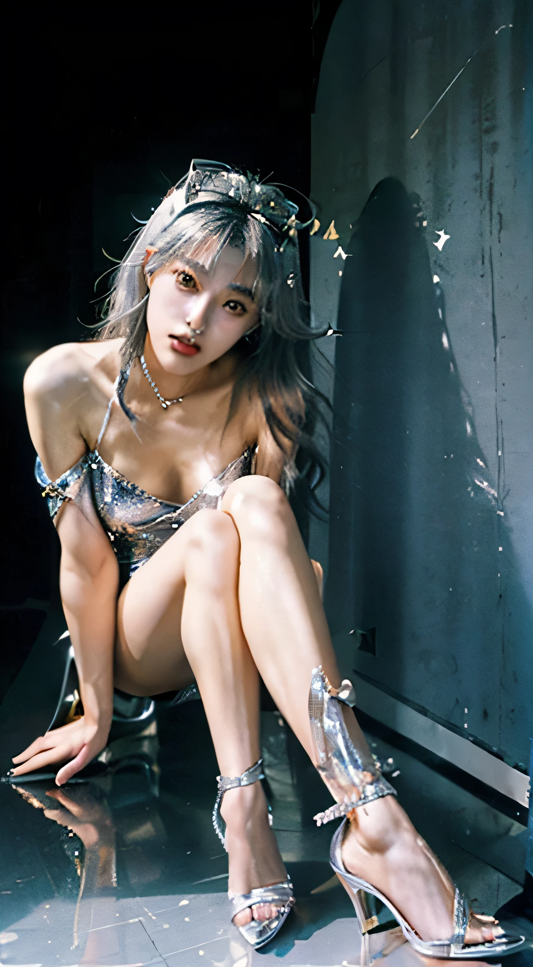 korean idol、(in the light:1.6), Surrealist female portraits by David Hockney and Alphonse Mucha,fantasy art, realistic, (((whole body)))、exciting atmosphere,slim system、ｃcup bust、skinny、
Sexy and beautiful woman，Glittery atmosphere，1 female、
seductive gesture、stage lighting、
(((looking at camera)))、((((serious eyes)))、(((add highlights to the eyes)))、(((looking at camera)))、(((delicate gold stiletto heels)))、(((Gold Sandals)))、
(((silver sequin costume)))、(((silver tube top)))、((((silver yslu costume)))、