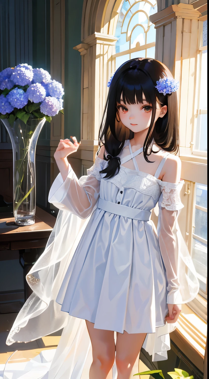 (short cute girl, young studeg delicate girl),(masterpiece,Top quality),long black hair, white dress,hydrangea