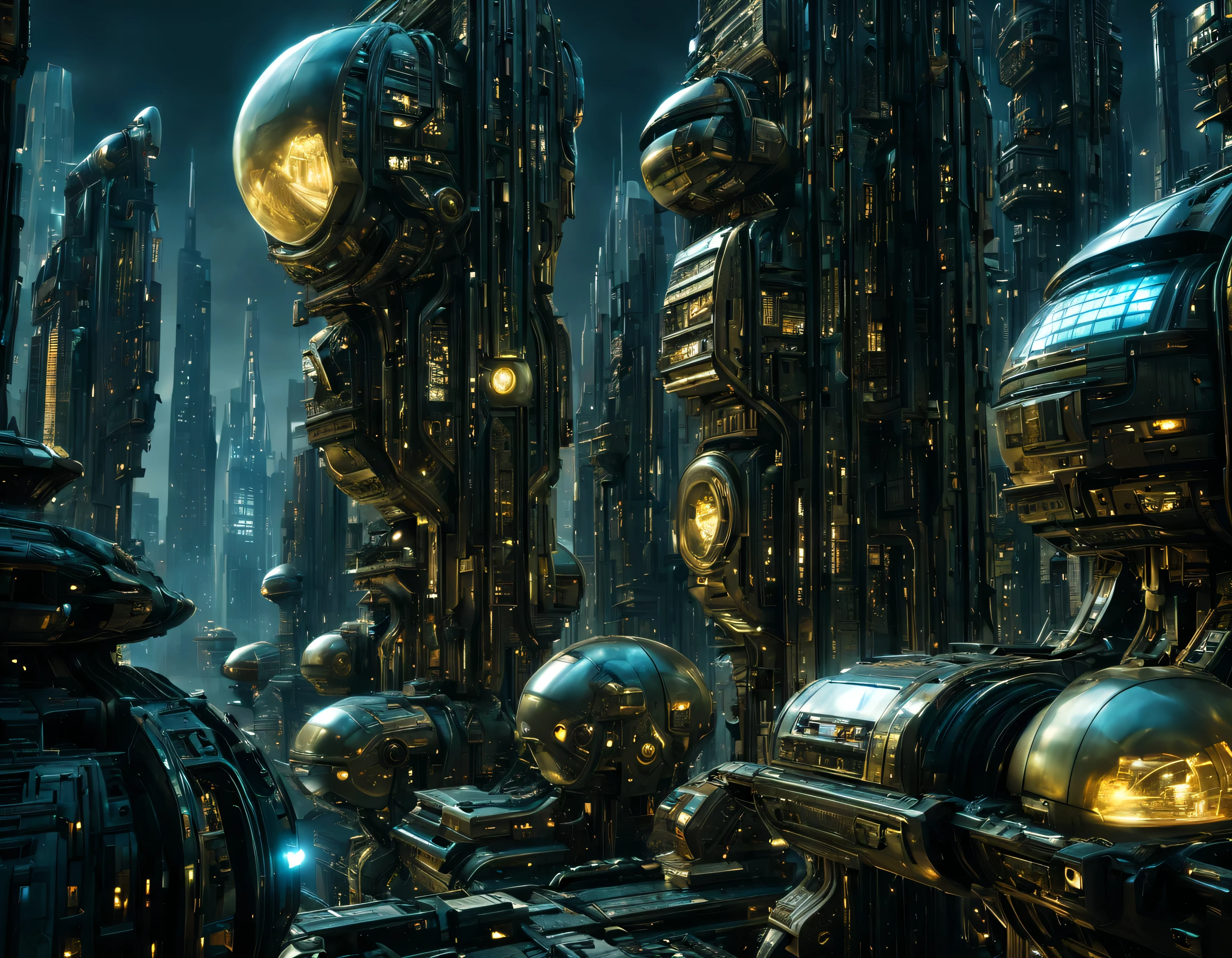 (iluminacion hora dorada), street of an extraterrestrial alien megalopolis with futuristic and technological architecture in its metal and glass conglomerado de buildings, some aliens walking around, ventanas iluminadas, all full of imagination, science fiction and (intrincados detalles de la maquina).imagen fotorrealista, Maximum sharpness, calidad 8k.(obra maestra de calidad superior). 3D. cyberpunk, century XXV technology
