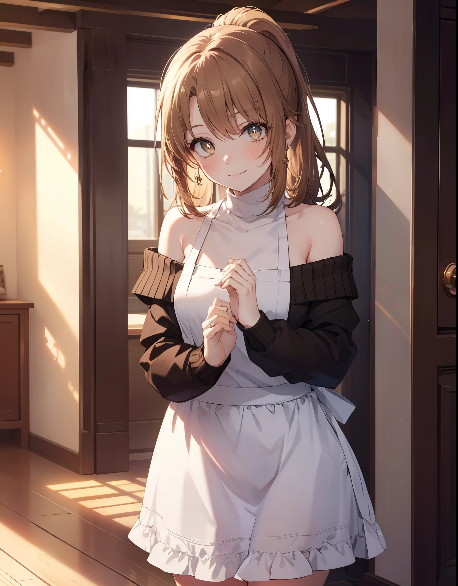 irohaisshiki, Isshiki Iroha, 1people's women,long hair, light brown hair, ponytail,(brown eyes:1.5), smile,blush,night,medium chest,
off shoulder sweater,long skirt,indoor slippers,apron,entrance
break indoors,indoor entrance,
break looking at viewer,(cowboy shot:1. 5),
break (masterpiece:1.2), highest quality, High resolution, unity 8k wallpaper, (shape:0.8), (beautiful and detailed eyes:1.6), highly detailed face, perfect lighting, Very detailed CG, (perfect hands, perfect anatomy),