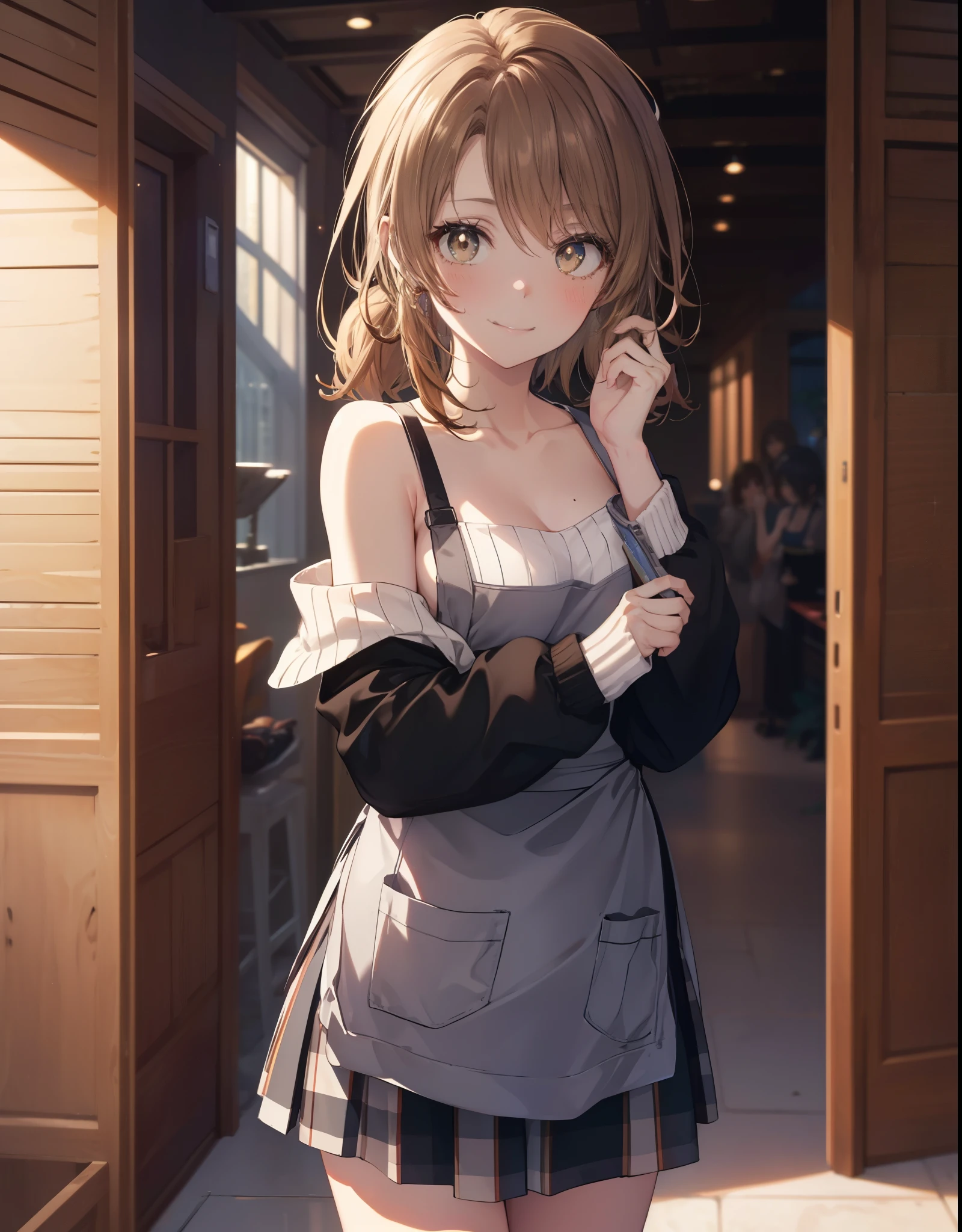 irohaisshiki, Isshiki Iroha, 1people's women,long hair, light brown hair, ponytail,(brown eyes:1.5), smile,blush,night,
off shoulder sweater,long skirt,indoor slippers,apron,entrance
break indoors,indoor entrance,
break looking at viewer,(cowboy shot:1. 5),
break (masterpiece:1.2), highest quality, High resolution, unity 8k wallpaper, (shape:0.8), (beautiful and detailed eyes:1.6), highly detailed face, perfect lighting, Very detailed CG, (perfect hands, perfect anatomy),
