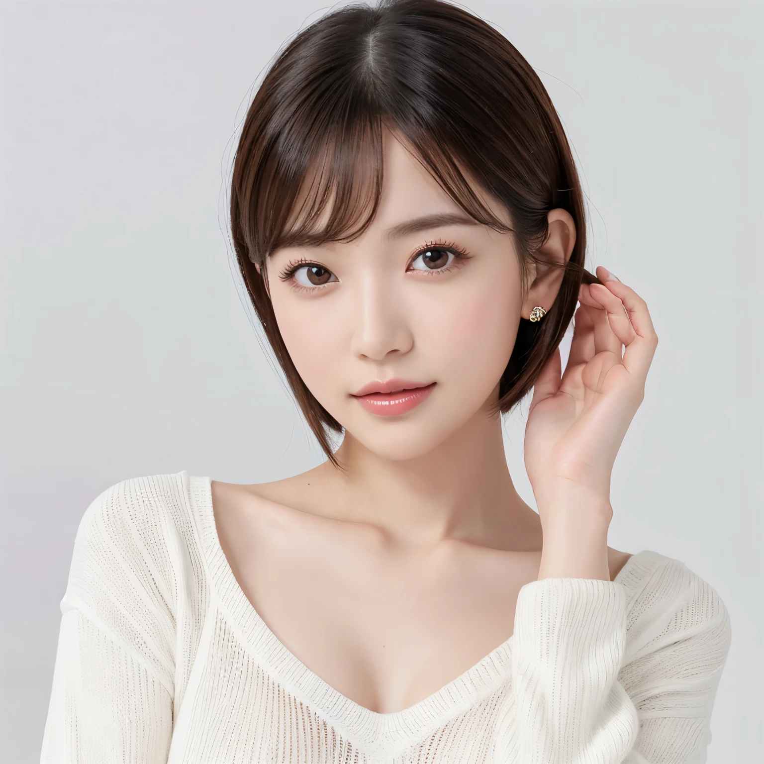 (highest quality、table top、8k、best image quality、Award-winning work)、One cute beauty、(straight short hair:1.1)、(alone:1.15)、(White fitted V-neck long sleeve knit:1.2)、(Perfect V-neck long sleeve knit:1.1)、(The simplest pure white background:1.5)、(Perfectly fixed on the front:1.1)、close up of face、(very big breasts:1.3)、(emphasize body line:1.2)、(Perfect frontal and horizontal portrait of a woman with proper white space:1.2)、(Perfect depiction of a woman horizontally and from the front:1.2)、beautiful and detailed eyes、look at me and smile、(Upright photo from the chest up:1.2)、(turn around and look straight at me:1.2)、perfect makeup、Ultra high definition beauty face、ultra high definition hair、Super high-definition sparkling eyes、Ultra high definition perfect teeth、Super high resolution glossy lips、accurate anatomy、very beautiful skin、(Pure white skin that shines with ultra-high resolution:1.1)、Elegant upright posture when viewed from the front、(very bright:1.2)