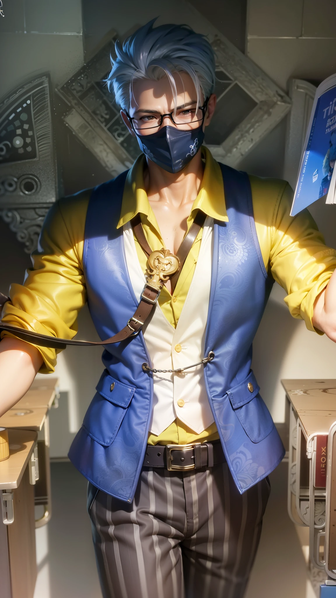 Best quality, masterpiece, detailed skin texture, detailed clothes texture, detailed face, super detail, 8k, intricate detail, 1 boy, The color doesn't change, Muscle guy, 1 guy, white hair, anime character with a mask and glasses holding a book, inspired by Cao Buxing, range murata and artgerm, style ivan talavera and artgerm, style of artgerm, sakimichan frank franzzeta, artgerm. high detail, character splash art, inspired by Huang Shen, artgerm. anime illustration, strong yellow eye glow (yellow eye:1.2)