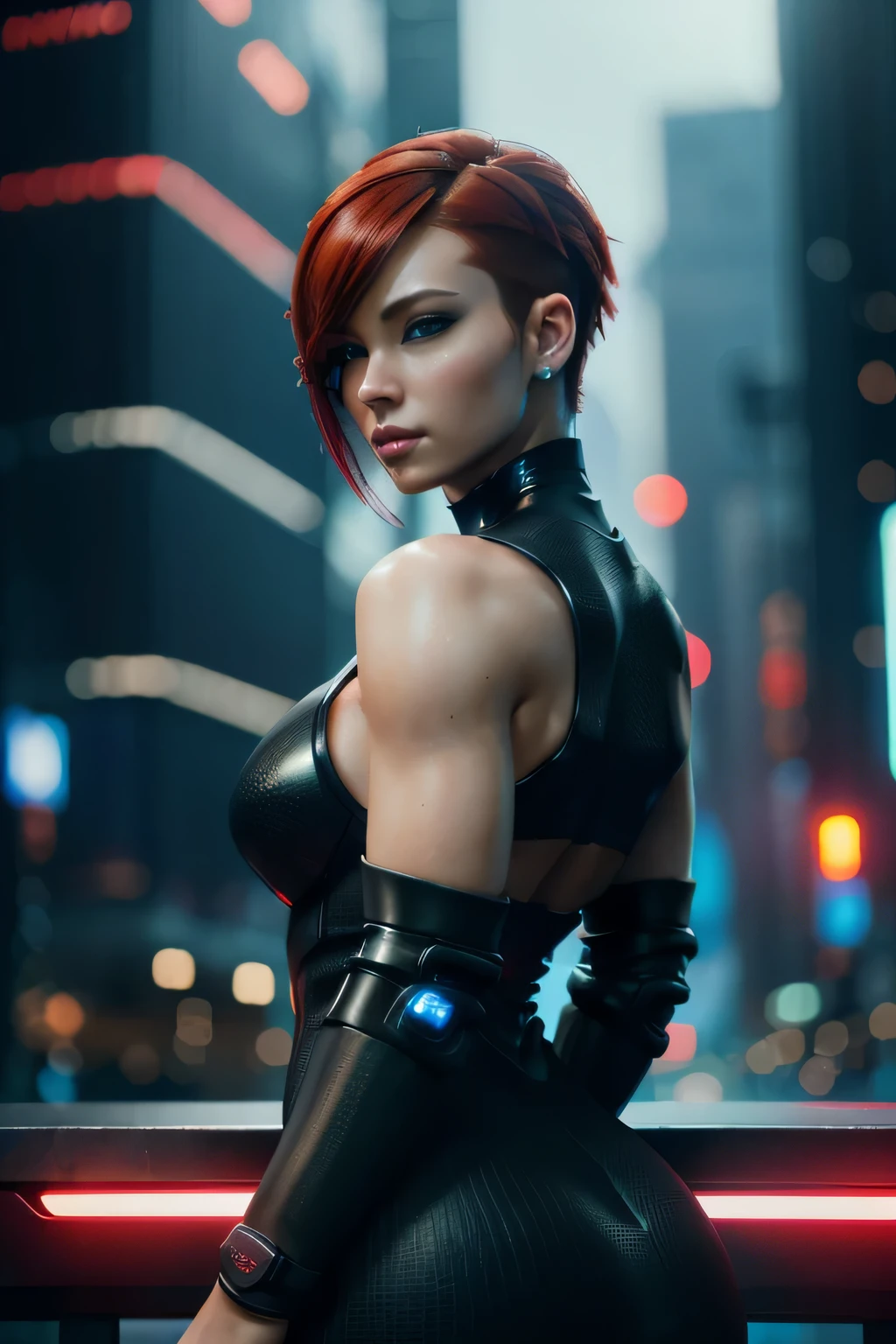 (Hyper-realistic), (illustratio), (A high resolution), (32K), (extremely higly detailed), (masterpiece), (realistic),(realistic skin),(extremely detailed skin), (realistic hands), (higly detailed hands), portrait of a cyber android girl, red hair, cyberpunk haircut, cyberpunk hairstyle, the most beautiful in the world, beautiful face, beautiful hands, beautiful eyes, (realistic elegant dress), black dress, well shaped dress, sweaty skin, upper body, light reflections, outdoor, futuristic cyber city, Cyber Red-light district background, professional photograph of a stunning woman detailed, sharp focus, dramatic, award winning, cinematic lighting, octane render unreal engine, volumetrics dtx, ( blurry background, blurry foreground, bokeh, depth of field, cyber night city light, motion blur:1.3)