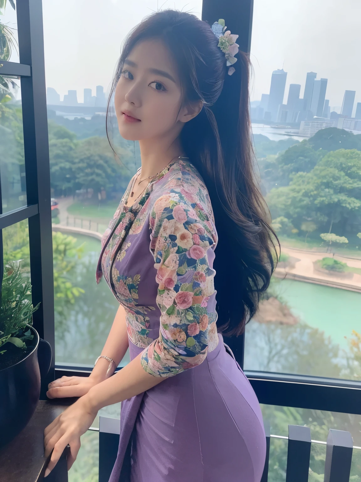 high-definition images, atmospheric perspective, 8k, super detail, accurate, best quality, angle from below, a woman, drooping eyes, sleepy face, blush,(floral purple dress), , necklace, standing portraits ,day scene, pagoda view, hair up, acmm's outfit, black acmm's top , black printed acmm's skirt,