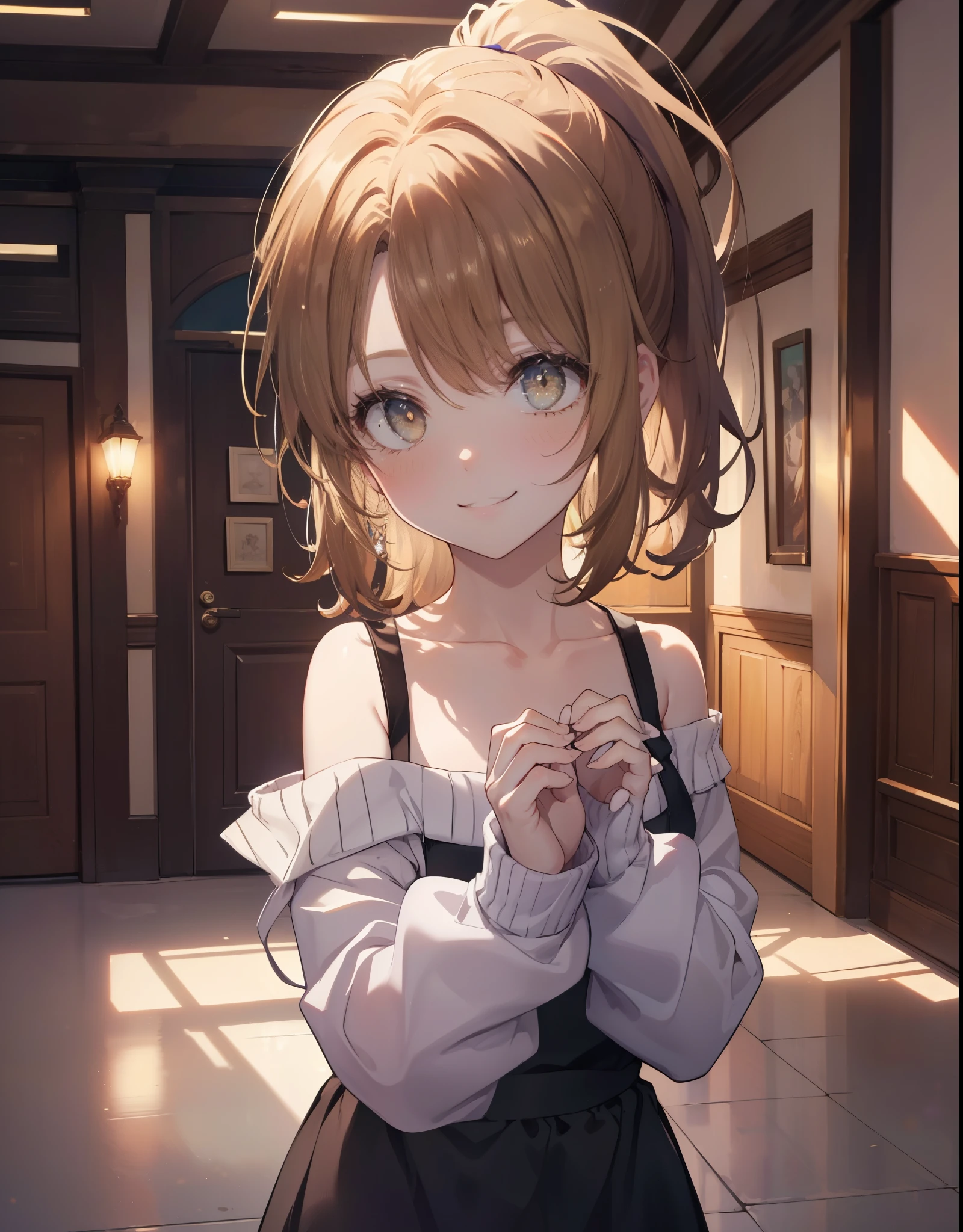 irohaisshiki, Isshiki Iroha, 1people's women,long hair, light brown hair, ponytail,(brown eyes:1.5), smile,blush,night,
off shoulder sweater,long skirt,indoor slippers,apron,entrance
break indoors,indoor entrance,
break looking at viewer,(cowboy shot:1. 5),
break (masterpiece:1.2), highest quality, High resolution, unity 8k wallpaper, (shape:0.8), (beautiful and detailed eyes:1.6), highly detailed face, perfect lighting, Very detailed CG, (perfect hands, perfect anatomy),