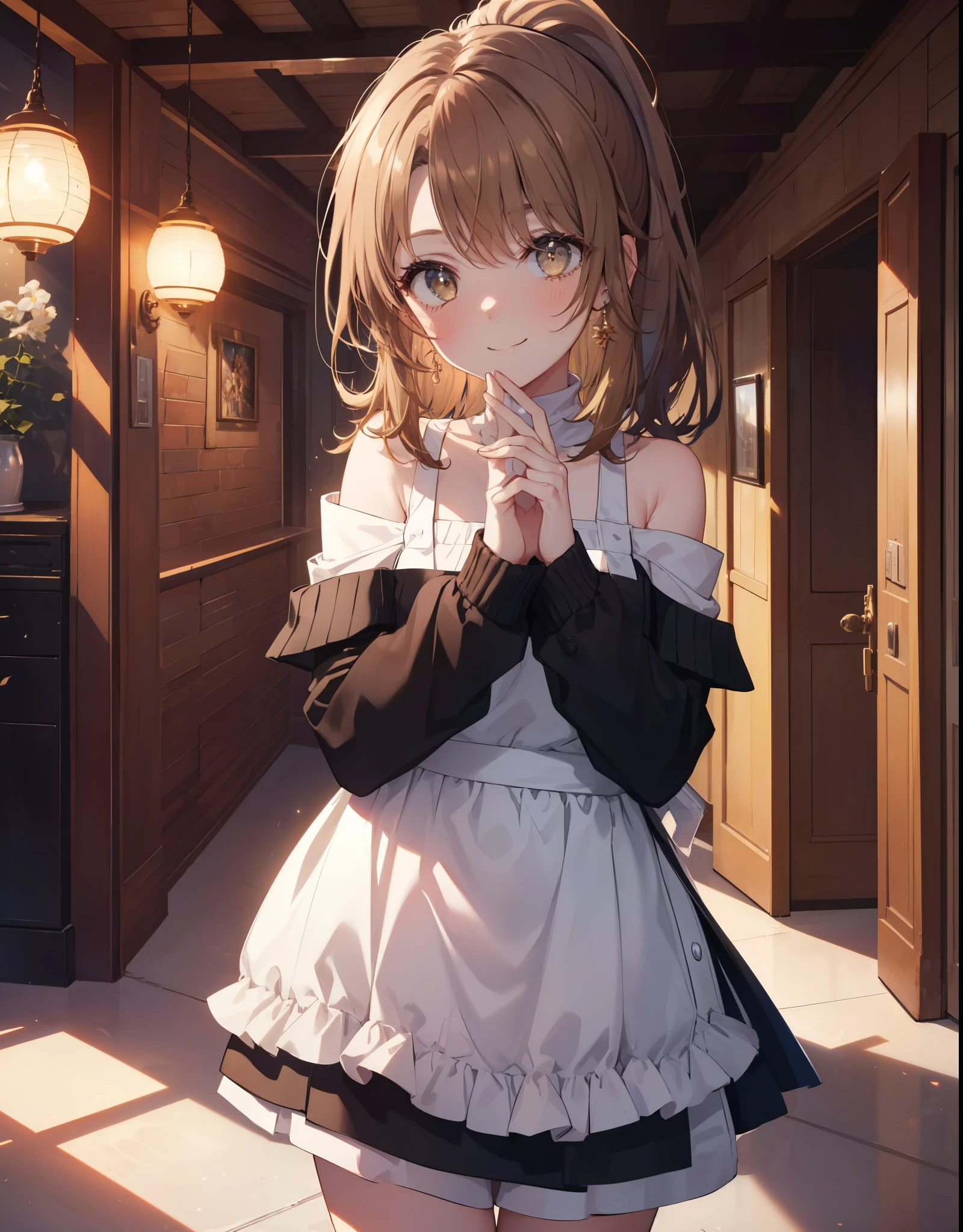 irohaisshiki, Isshiki Iroha, 1people's women,long hair, light brown hair, ponytail,(brown eyes:1.5), smile,blush,night,
off shoulder sweater,long skirt,indoor slippers,apron,entrance
break indoors,indoor entrance,
break looking at viewer,(cowboy shot:1. 5),
break (masterpiece:1.2), highest quality, High resolution, unity 8k wallpaper, (shape:0.8), (beautiful and detailed eyes:1.6), highly detailed face, perfect lighting, Very detailed CG, (perfect hands, perfect anatomy),