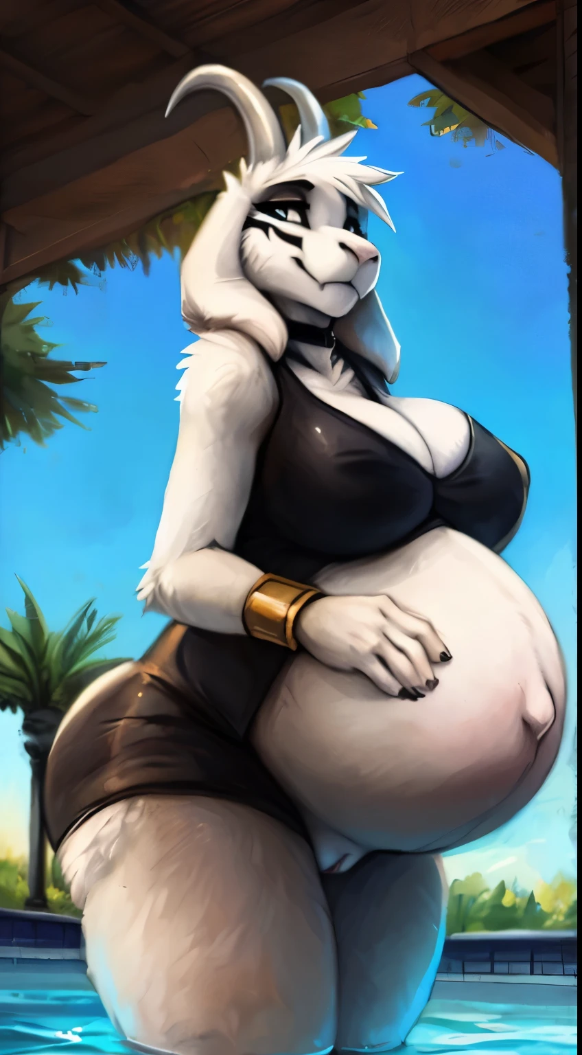 uploaded on e621, (((by fluff-kevlar, by Zackary911, by Kenket, by Kilinah, by fluff-kevlar))), solo female, adult. (((Asriel_Dreemurr_(god form)))), wear (((golden wristband and jewelry))), (detailed goat asriel_dreemurr_(god form)), (detailed lighting),(detailed fur), (detailed breasts), (detailed skin), BREAK, ((standing at hotel suite outdoor swimming pool with plant on sunny day)), (cinematic lighting), ((detailed background)), ((depth of field)), (half body shadow), ((looking at viewer)), (low-angle view), ((three-quarter view)), [backlighting], [detailed ambient light], [gray natural lighting], [ambient light on the belly], [realistic proportions], [explicit content, adult, nsfw], [sharp focus], (questionable content), (shaded), (hi reasterpiece)), ((abs)), half-closed eyes, ((((huge pregnant:1.8)))), ((((huge breast:1.8))), (((black nipples, nude))), ((((white fur, thick thighs:1.9, sexy face:1.6, pussy, big butt:1.6))))