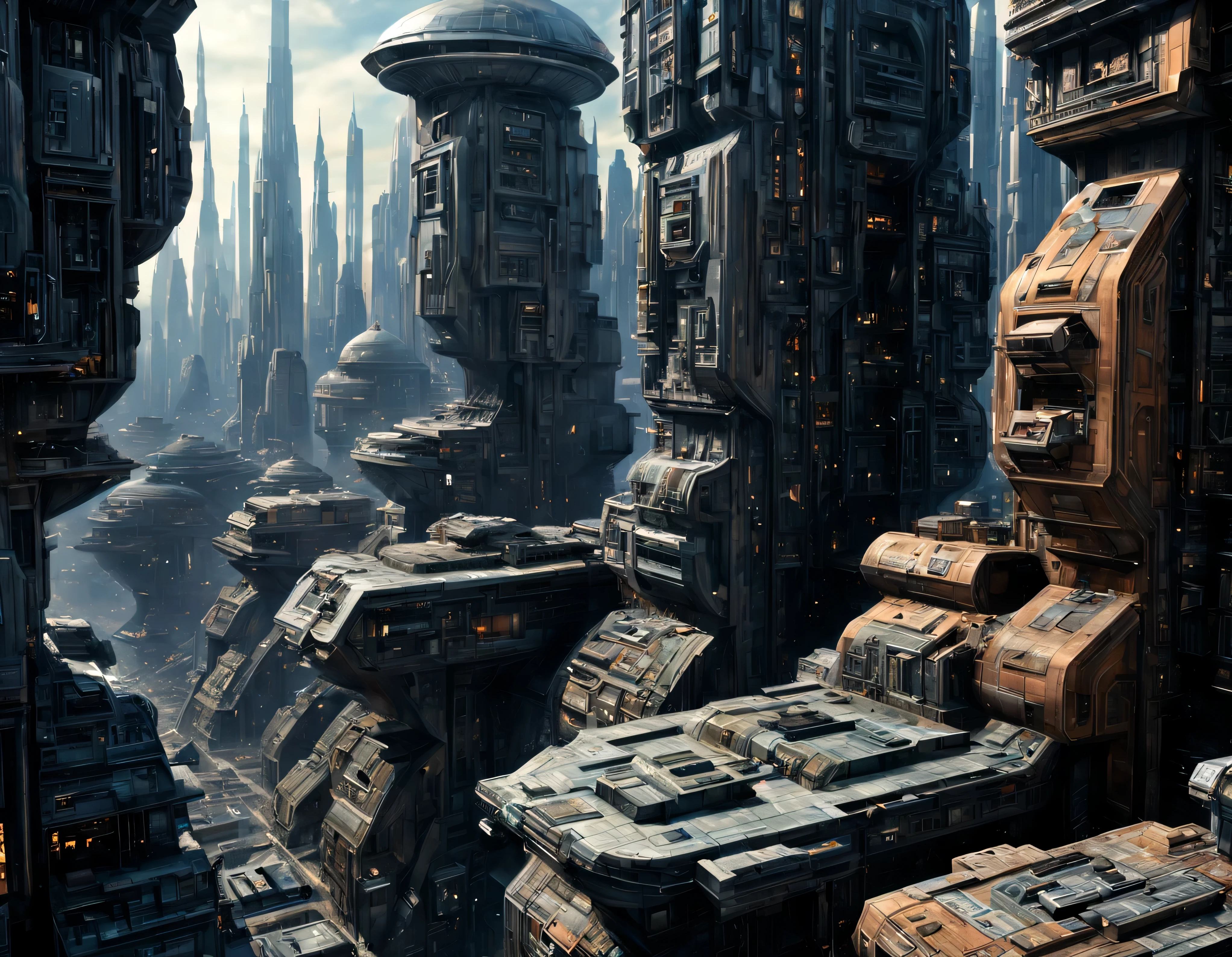 (The city of Coruscant from Star Wars as designed by Doug Chiang), futuristic fantasy city with immense buildings of technological design (que forman una avenida infinita), non-blurred compact buildings with metallic y acristalada appearance ovalados y dodecaedricos, luces en ventanas en edificios, daylight lighting with sun, con estructuras acristaladas espectaculares, en las que abundan el oro, plata y bronce, (con colores vivos). pavimento ensolado (sin brillo). gente paseando. imagen bien definida con muchos edificios juntos. sharp well defined 8k image. los edificios llegan alta el fondo.,8k. cinematographic image. ((obra maestra de superior calidad)). (renderizado 3D). fondo nitido.