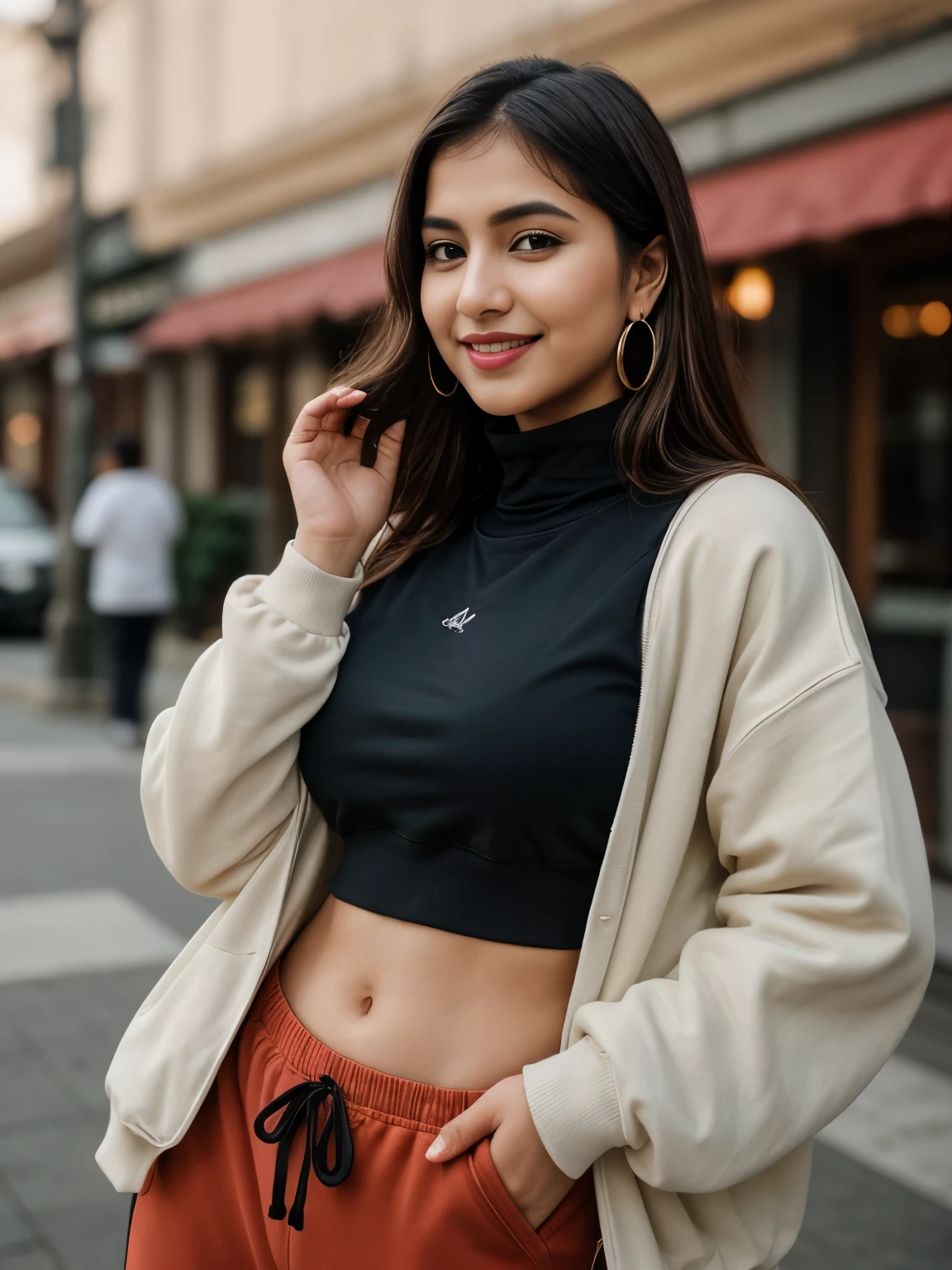 A half body photo of a attractive Indian woman 20 y.o., cleavage, flashing, (:1.1),
Sweatpants and sweatshirt, Maven, Tall, Athletic, Triangular Face, Fair Skin, long brown Hair, hazel Eyes, [[Curved Nose]], Thick Lips, Round Chin, Instagram model, cheerful smile, medium sized breasts, Dangle earrings, coral stain lipstick,
Masterpiece, hi res, 8k, award winning, RAW photo, high quality, 35mm photograph, film grain, bokeh, professional, 4k, highly detailed, 