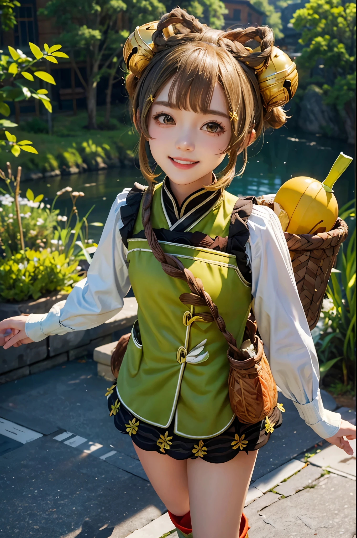 best quality, high res, yaoyaodef, full body, standing, smile, blush, outdoors, day, simple background, arm up, basket, blue sky, short hair, sky, temple, looking at viewer, close up