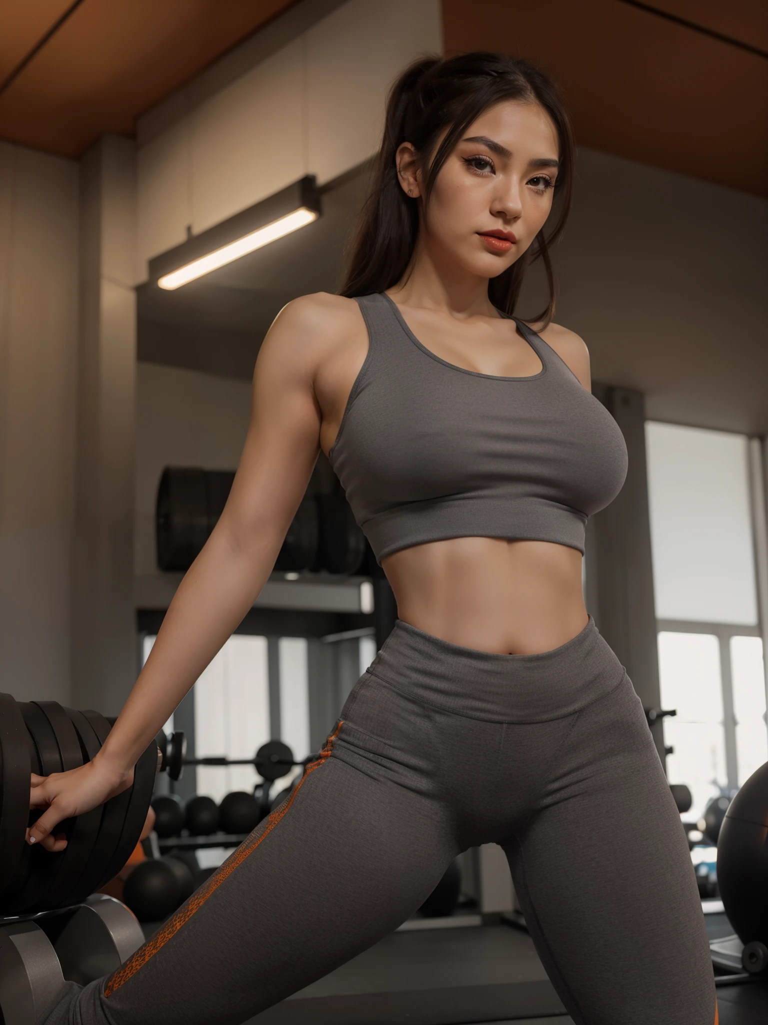 21-year-old dressed Japanese woman with black long hair, ((In a gym)), ((posing sideways)), ((orange tight yoga pants)), ((gray crop top)), gorgeous, beautiful, full body shot, d-cup breasts, ((big breasts)), ((thin curvy)), (huge ass), 170cm tall, cinematic lighting, centered, captivating, 85mm full body portrait shot, rough skin, realistic brown eyes, realistic long eyelashes, realistic eyebrows, realistic nose, realistic full lips, red lipstick, realistic ears, looking directly at the camera, 4K, HDR