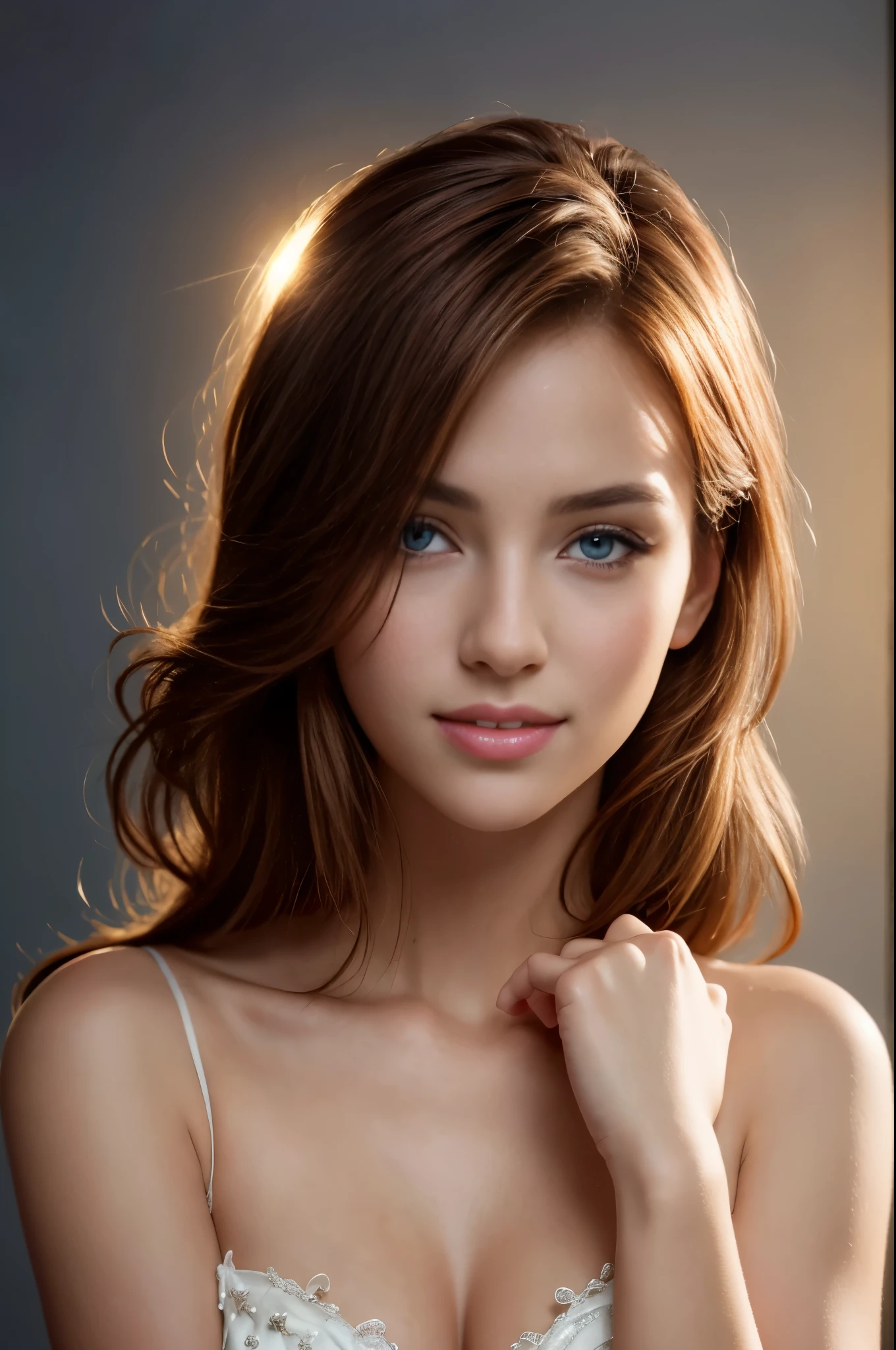 beautiful detailed face, redhead, stunning eyes, juicy lips, Gorgeous girl, Soft lighting, Bright colors, portrait, A high resolution, romantic atmosphere, dreamy background, elegant pose, delicate details, flawless skin, captivating look, Charming smile, Visual Arts Aesthetics, master strokes , oil painting style, gallery worthy, Unearthly beauty, flashed, Diffusion of light