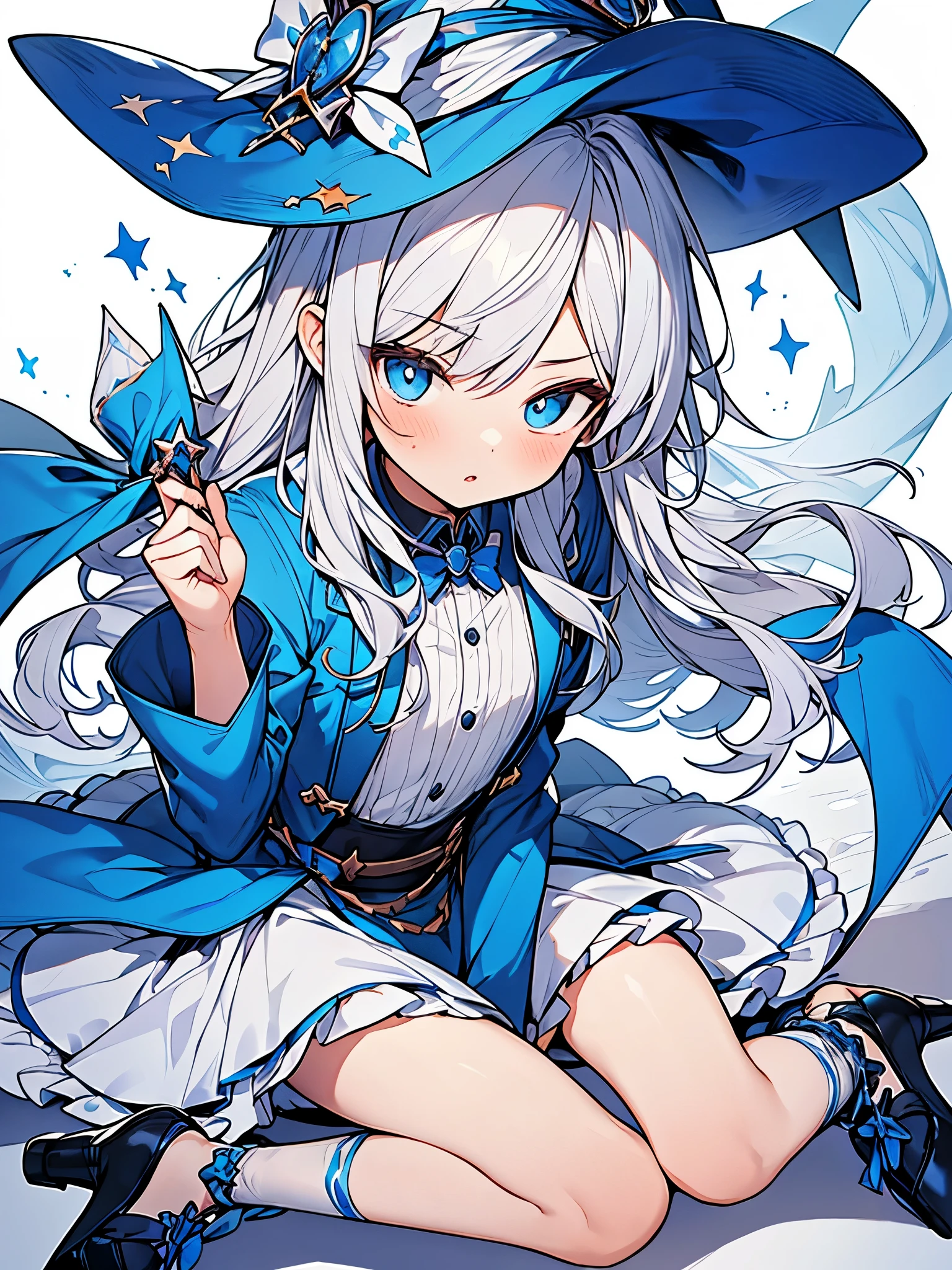 (Beautiful boy cross-dressing,cute face, boy dressed as cute girl,boy cuter than girl),
silver long hair,blue eyes,witch-boy,blue ribbon, blue high heels,tons of accessories,