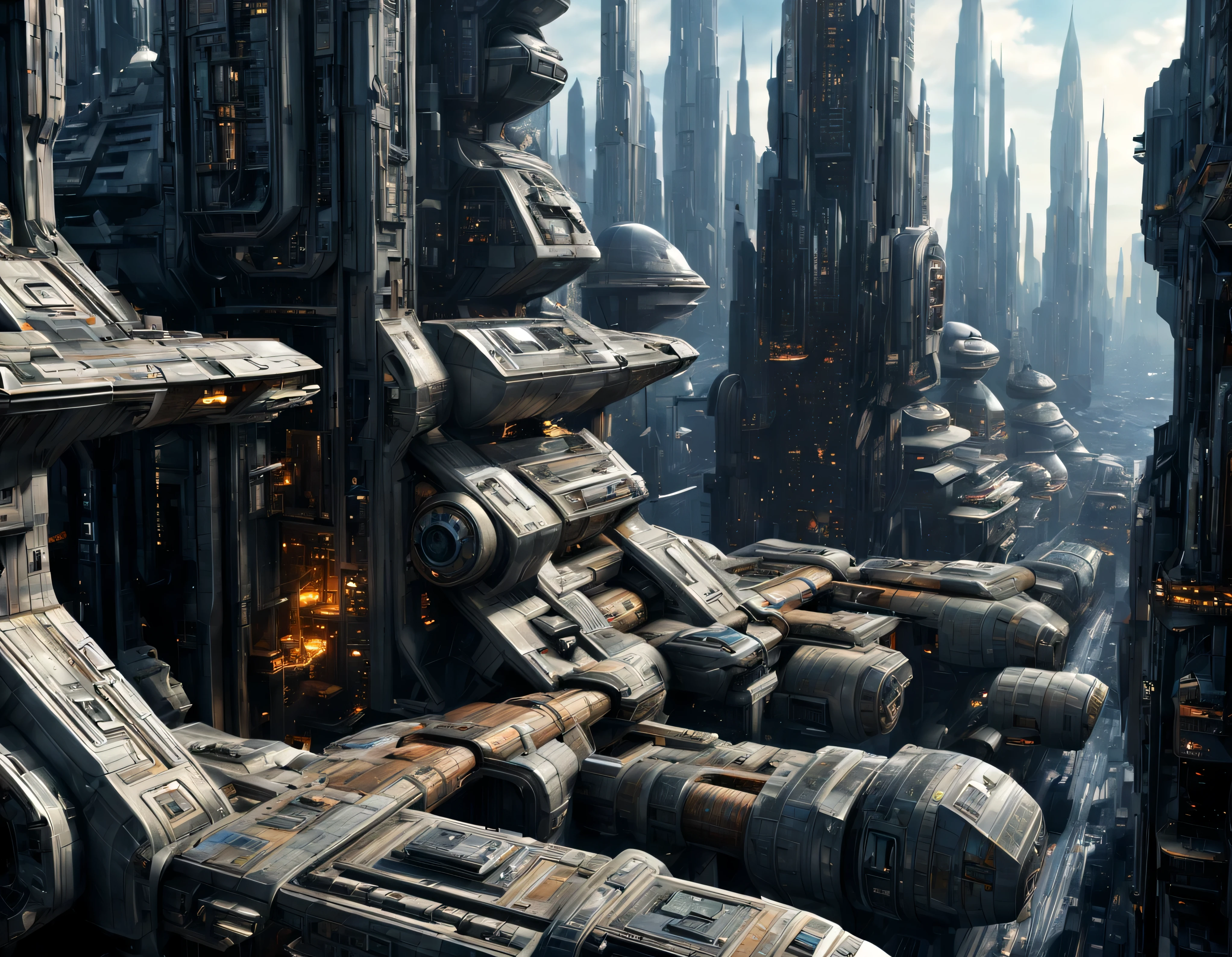 (The city of Coruscant from Star Wars as designed by Doug Chiang), futuristic fantasy city with immense buildings of technological design (que forman una avenida infinita), non-blurred compact buildings with metallic y acristalada appearance ovalados y dodecaedricos, luces en ventanas en edificios, daylight lighting with sun, con estructuras acristaladas espectaculares, en las que abundan el oro, plata y bronce, (con colores vivos). pavimento ensolado (sin brillo). gente paseando. imagen bien definida con muchos edificios juntos. sharp well defined 8k image. los edificios llegan alta el fondo.,8k. cinematographic image. ((obra maestra de superior calidad)). (renderizado 3D). fondo nitido.