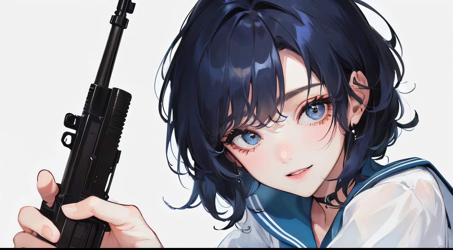 Masterpiece,best quality, (((aiming AK-47 assault rifle))), determined expression, Sailor Scout outfit, short blue hair, urban rooftop setting, smoggy, intense.
(((1 woman)))、(highest resolution、clear_image)、 (((white Y-shirt)))、best quality、((perm hair)), (((simple solid color background)))、contrast of light and shadow、((illumination))、very detailed、semi-realistic、brown short hair、mischievous smile、bangs、20-year-old、office Lady,,young、((View from the front))、delicate facial features facial features、