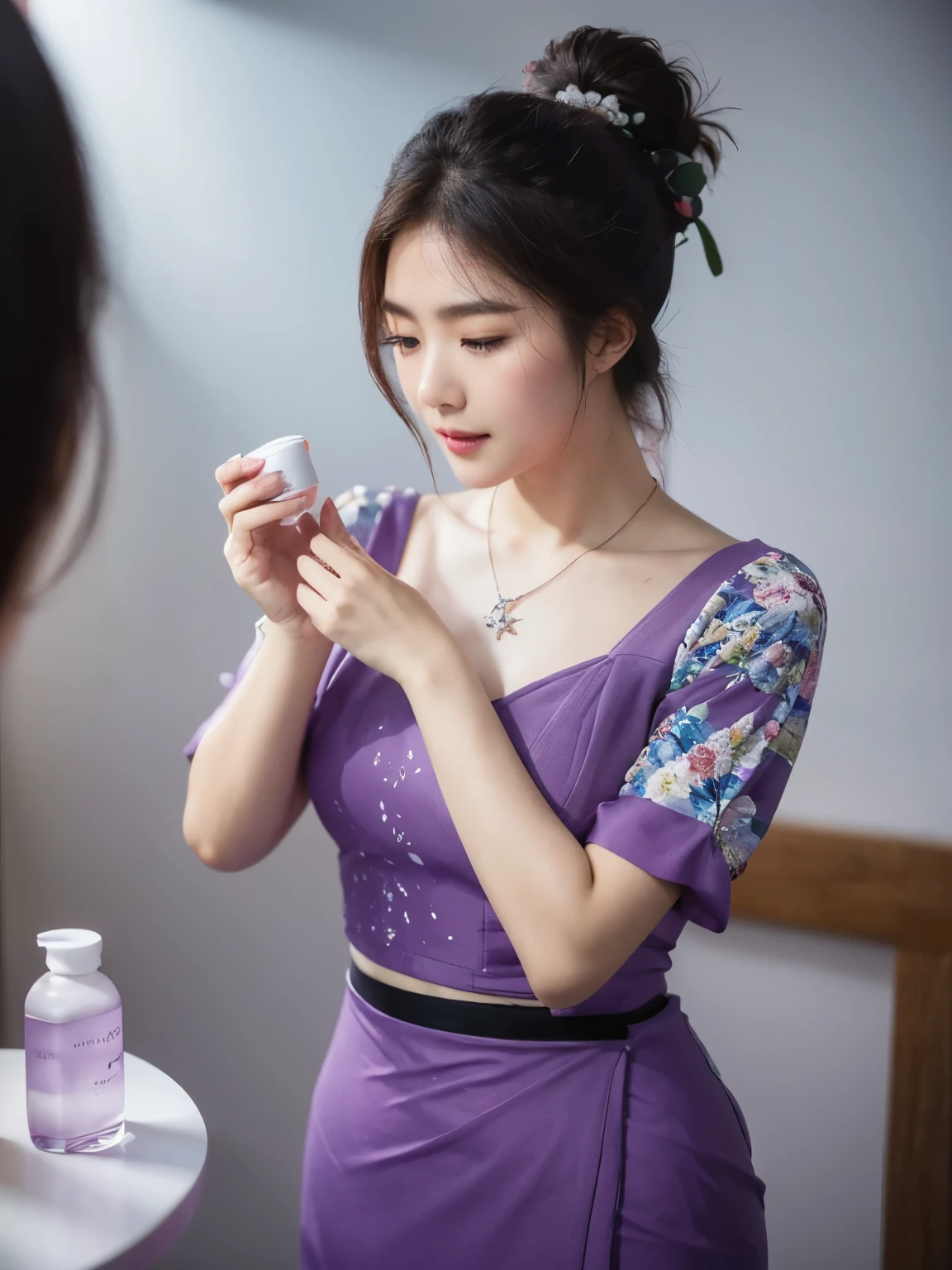 high-definition images, atmospheric perspective, 8k, super detail, accurate, best quality, angle from below, a woman, drooping eyes, sleepy face, blush,(floral purple dress), , necklace, standing portraits ,day scene, pagoda view, hair up, acmm's outfit, black acmm's top , black printed acmm's skirt, holding little serum skincare bottle, posing, in studio, shooting lighting, focus