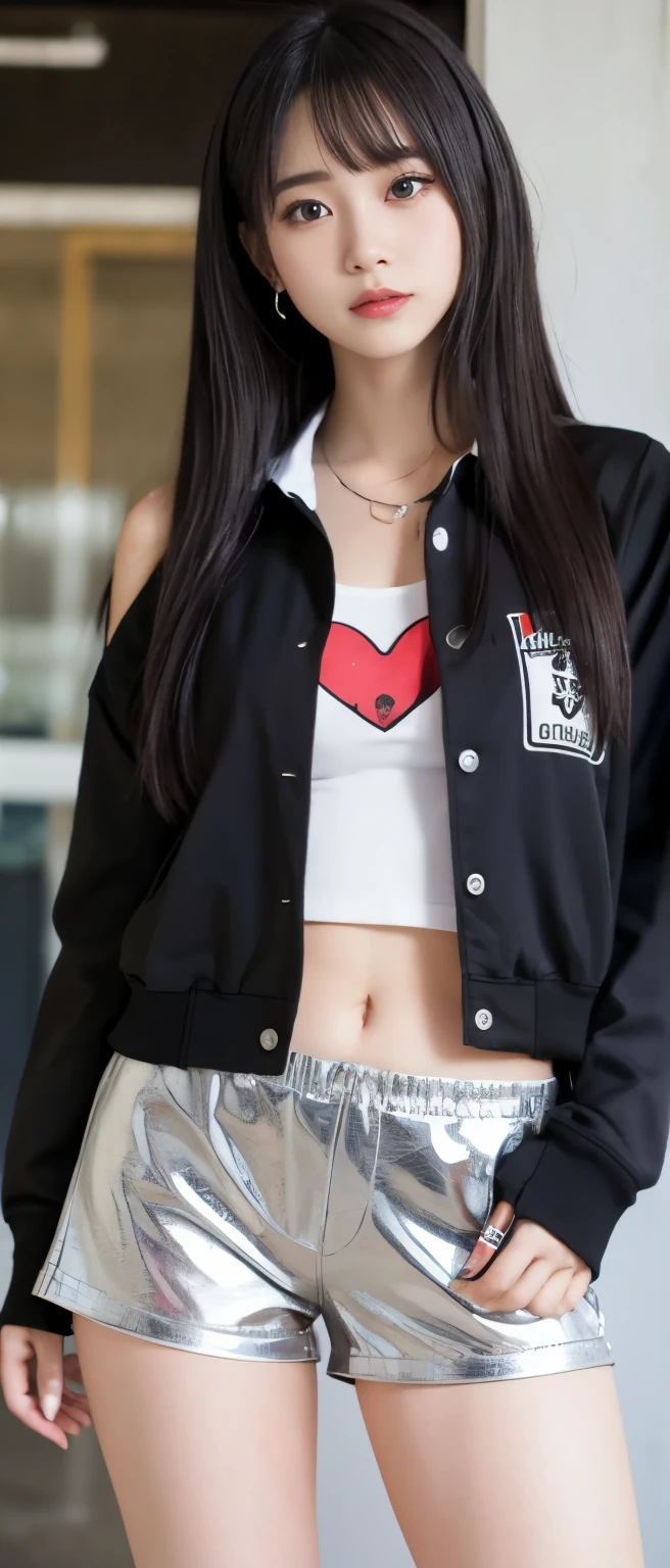 punk idol、whole body、good style、、、、、shark pattern punk jacket、silver tight shorts、gorgeous accessories、dark beach