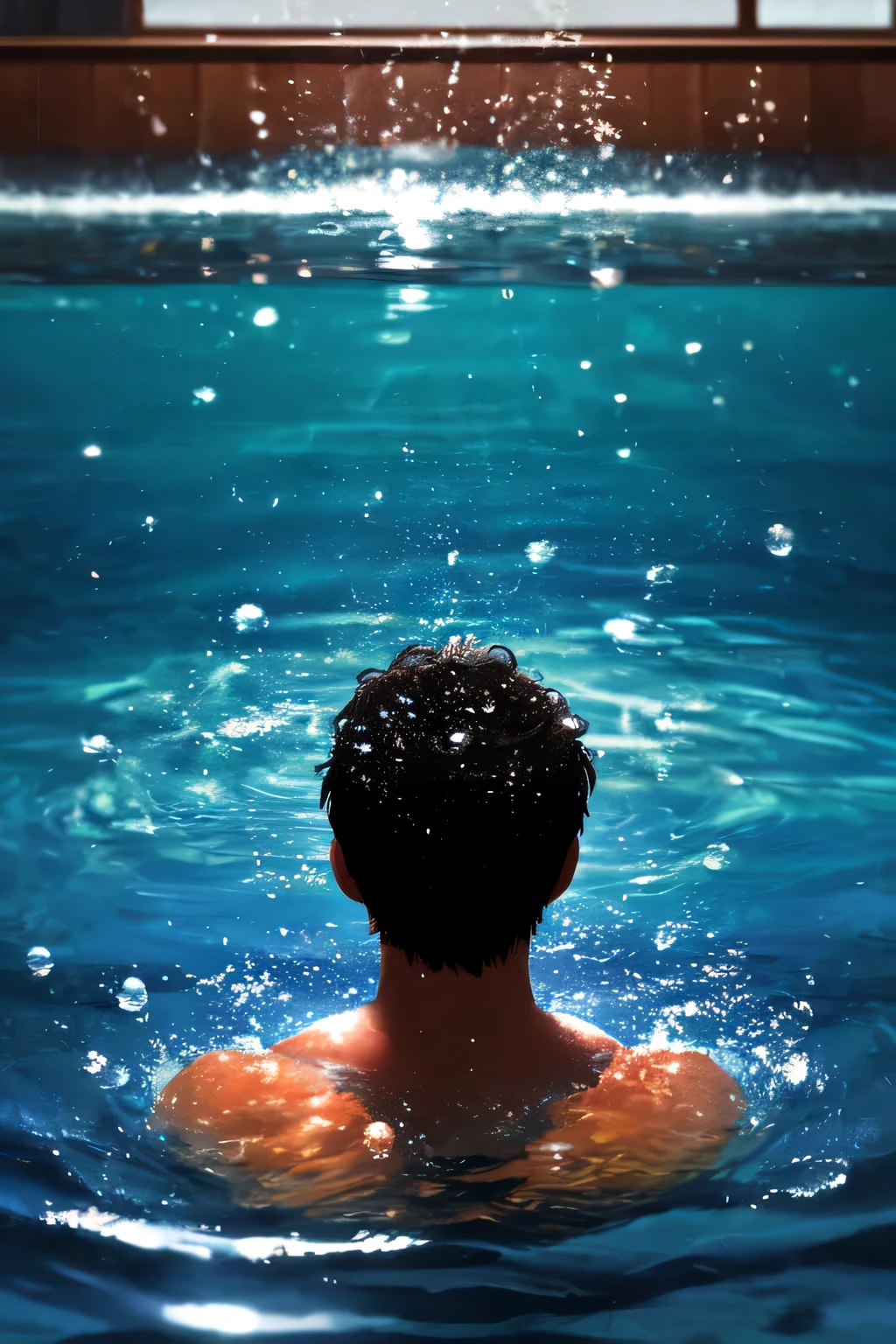 最high quality, 8k, ray tracing, sharp shadow, great details, written boundary depth, realistic, realistic, pool, suffer, male, Rear view, water bubbles, lots of water, drowning, danger, professional photography, Photo realistic, be familiar with, born, analog, sharp focus, 8k, hd, Digital single-lens reflex camera, high quality, Fujifilm XT3, film grain, Awards, masterpiece