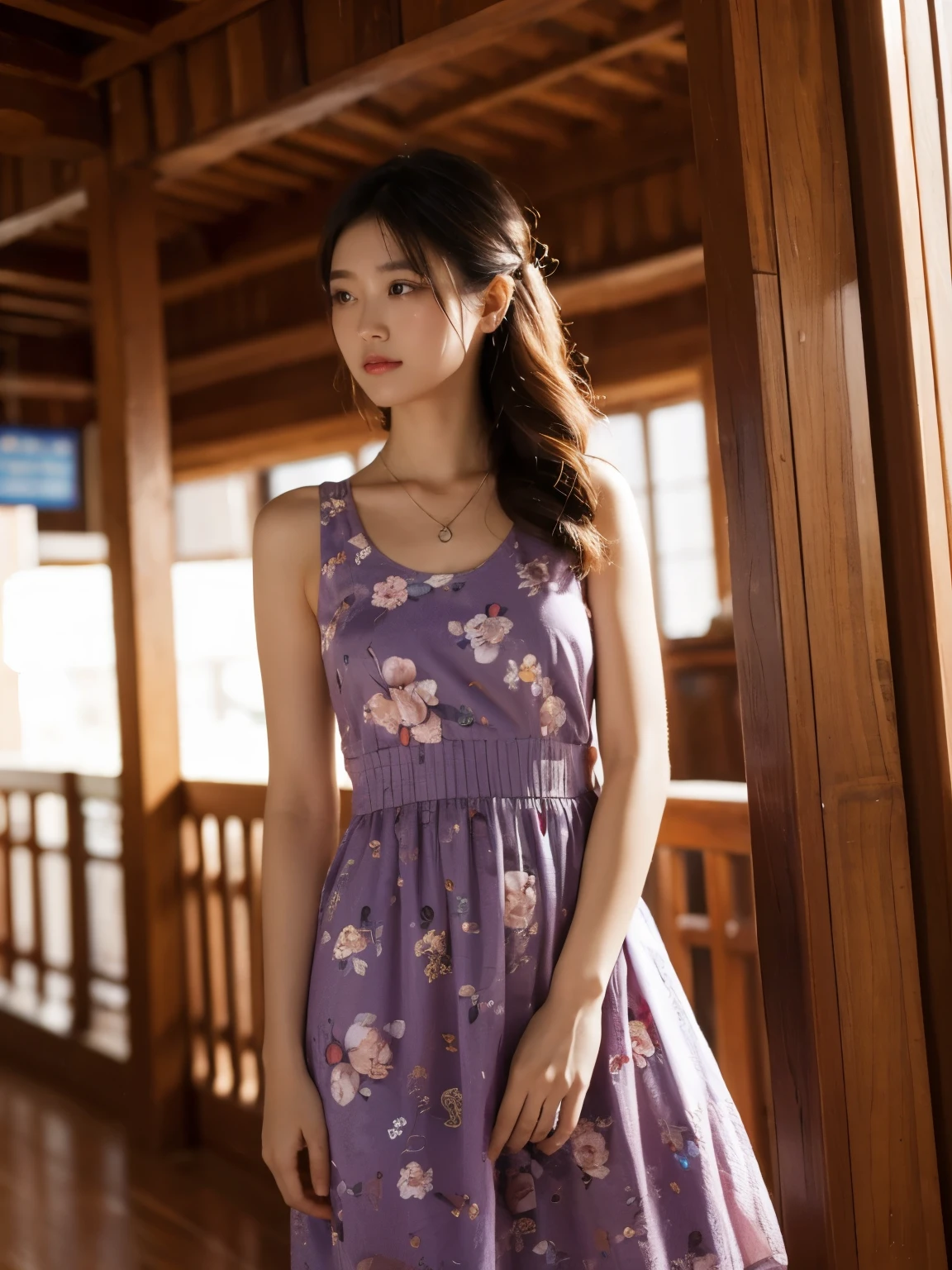 high-definition images, atmospheric perspective, 8k, super detail, accurate, best quality, angle from below, a woman, drooping eyes, sleepy face, blush,(floral purple dress), , necklace, standing portraits ,day scene, pagoda view, hair up, acmm's outfit, black acmm's top , black printed acmm's skirt, holding little serum skincare bottle, posing, in studio, shooting lighting, focus