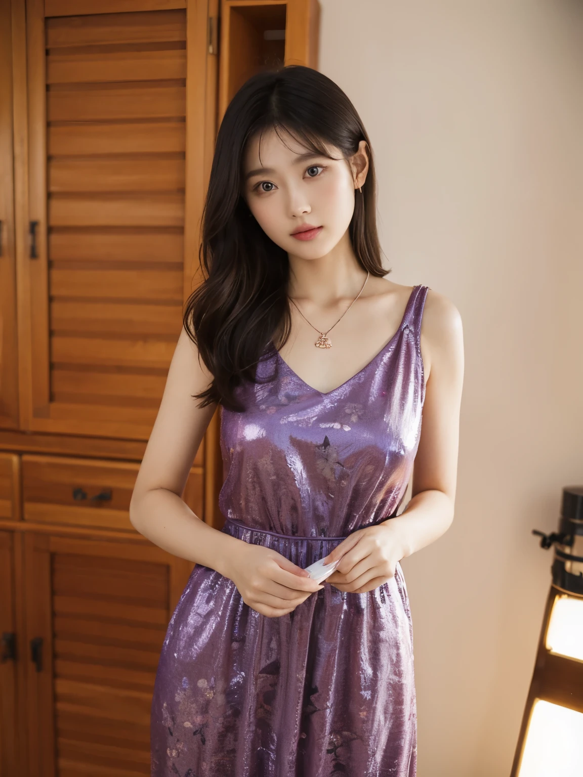 high-definition images, atmospheric perspective, 8k, super detail, accurate, best quality, angle from below, a woman, drooping eyes, sleepy face, blush,(floral purple dress), , necklace, standing portraits ,day scene, pagoda view, hair up, acmm's outfit, black acmm's top , black printed acmm's skirt, holding little serum skincare bottle, posing, in studio, shooting lighting, focus