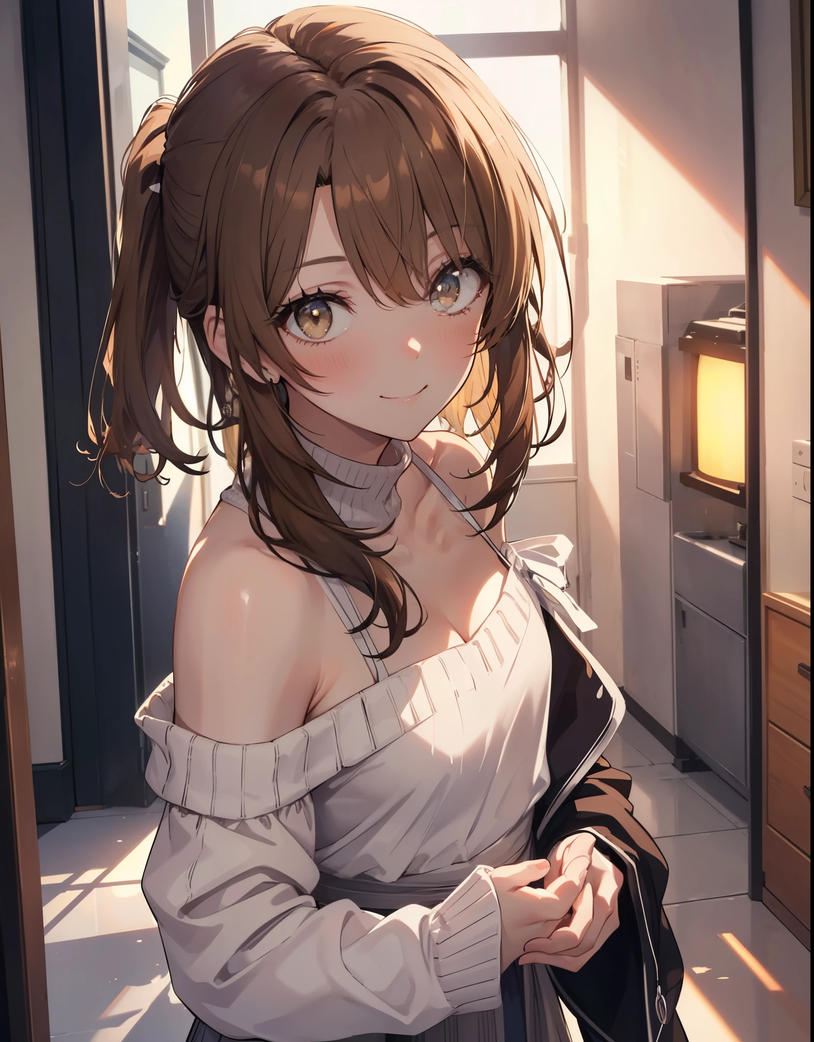irohaisshiki, Isshiki Iroha, １people&#39;s women,long hair, light brown hair, ponytail,(brown eyes:1.5), smile,blush,night,medium chest,
off shoulder sweater,long skirt,indoor slippers,apron,entrance
break indoors,indoor　entrance,
break looking at viewer,(cowboy shot:1. 5),
break (masterpiece:1.2), highest quality, High resolution, unity 8k wallpaper, (shape:0.8), (beautiful and detailed eyes:1.6), highly detailed face, perfect lighting, Very detailed CG, (perfect hands, perfect anatomy),