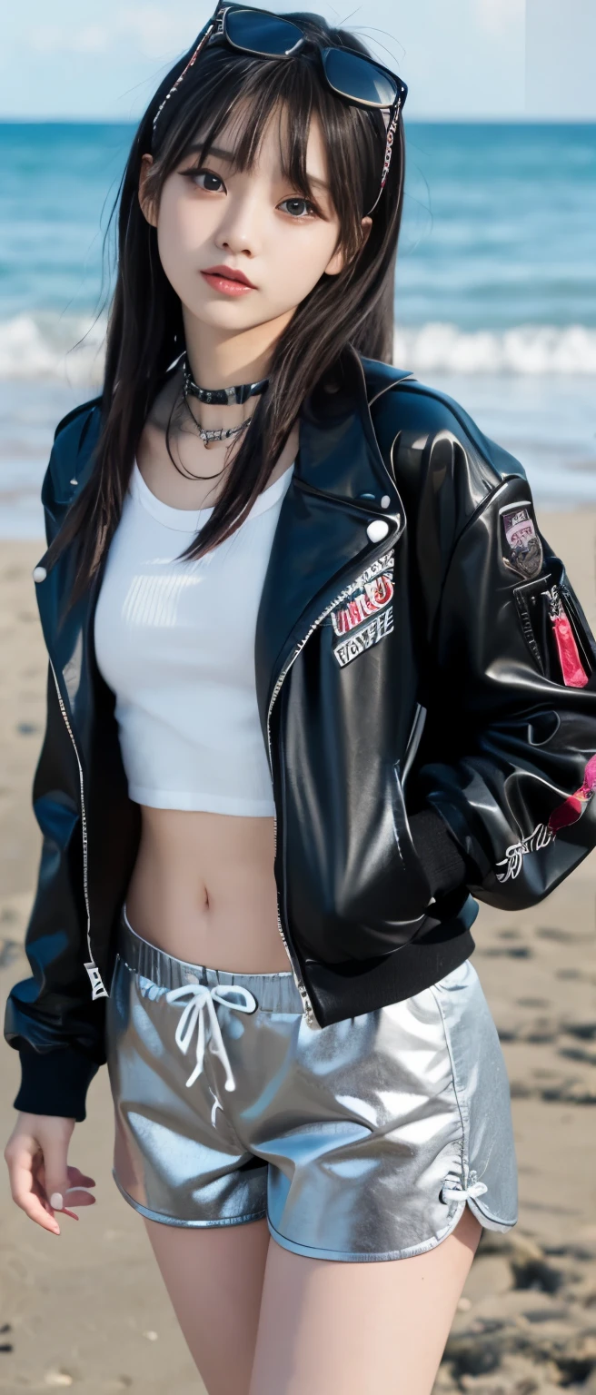 Shark-covered punk idol、whole body、good style、、、、、shark covered punk jacket、silver tight shorts、gorgeous accessories、dark beach
