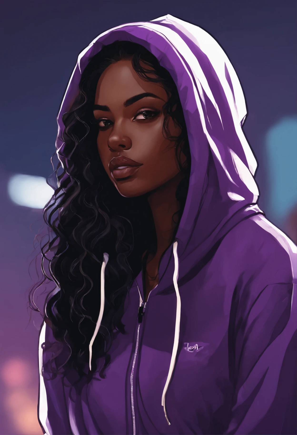 /imagine prompt: dark-skinned girl with long black wavy hair wearing purple hoodie illustration, in bold outline style, jagged edges, trashcore, light shading --v 5.2