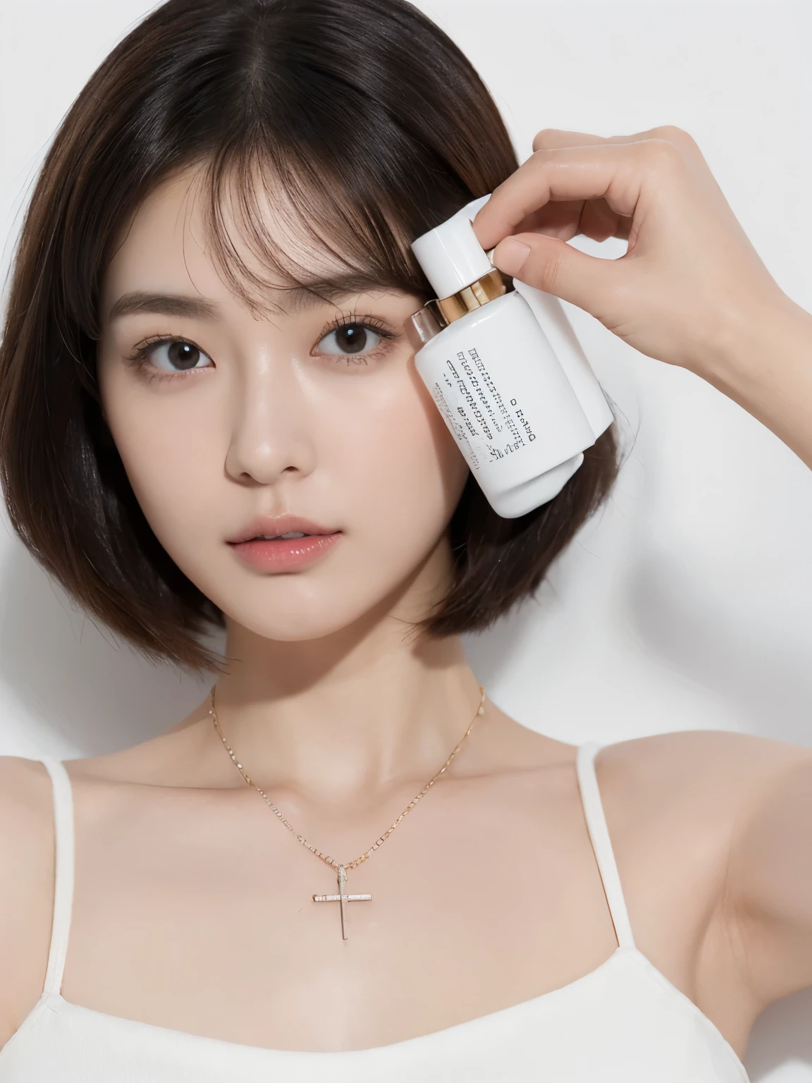 high-definition images, atmospheric perspective, 8k, super detail, accurate, best quality, angle from below, studio portraits shoot ,a woman, ((holding a serum ( skincare product) bottle)),drooping eyes, sleepy face, blush, in the studio, model for photoshoot, posing , dropping serum on her face with applicator, (( hand up over face 45° and holding applicator , which is used for dropping serum)) , (water drop on face) where applicator applied, ((bo bc hair, short hair , length below ears)) high boots, necklace, ivory tube top and jeans short pant, studio scene, dark , flashlight on , ((bo bc hair))