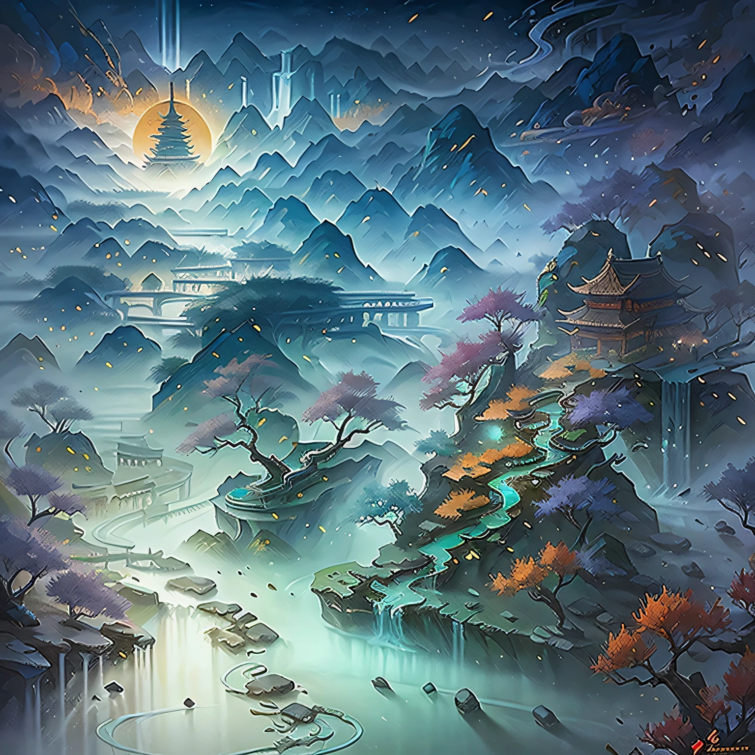 (fantasy, cultivation, fantasy scene) Sunlight, best shadow, masterpiece, best quality, 8k resolution, Surrounded by mountains in the distance, flowing water, Chinese ancient buildings are well-proportioned, Fairy ethereal, fine details, show Tyndall effect, Perfectly presenting the beauty of this mysterious wonderland. - automatic