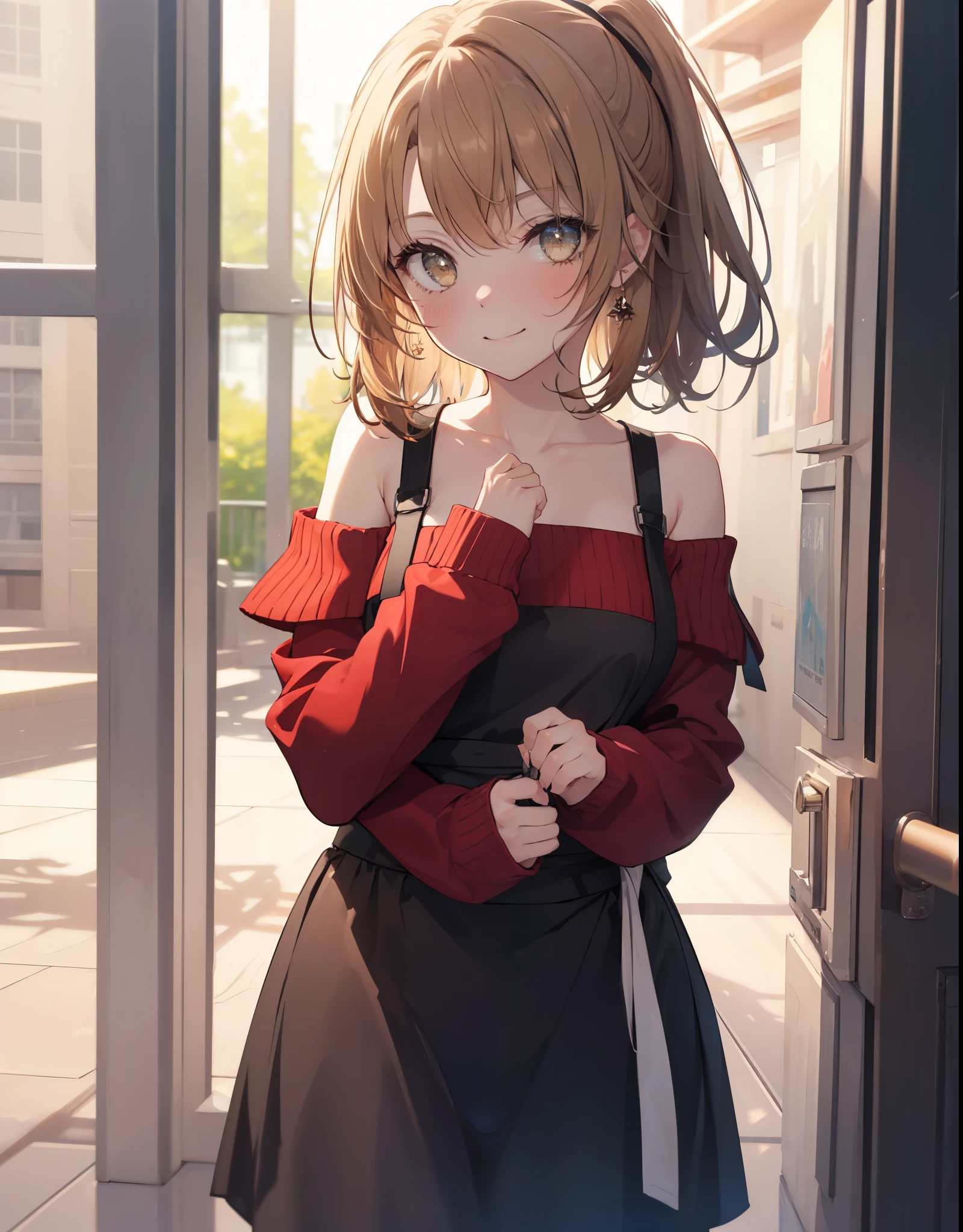 irohaisshiki, Isshiki Iroha, １people&#39;s women,long hair, light brown hair, ponytail,(brown eyes:1.5), smile,blush,night,medium chest,
off shoulder sweater,long skirt,indoor slippers,apron,entrance
break indoors,indoor　entrance,
break looking at viewer,(cowboy shot:1. 5),
break (masterpiece:1.2), highest quality, High resolution, unity 8k wallpaper, (shape:0.8), (beautiful and detailed eyes:1.6), highly detailed face, perfect lighting, Very detailed CG, (perfect hands, perfect anatomy),