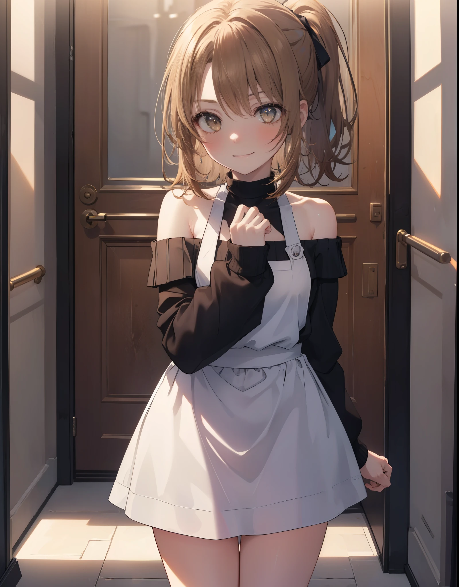 irohaisshiki, Isshiki Iroha, 1people's women,long hair, light brown hair, ponytail,(brown eyes:1.5), smile,blush,night,
off shoulder sweater,long skirt,indoor slippers,apron,entrance
break indoors,indoor entrance,
break looking at viewer,(cowboy shot:1. 5),
break (masterpiece:1.2), highest quality, High resolution, unity 8k wallpaper, (shape:0.8), (beautiful and detailed eyes:1.6), highly detailed face, perfect lighting, Very detailed CG, (perfect hands, perfect anatomy),