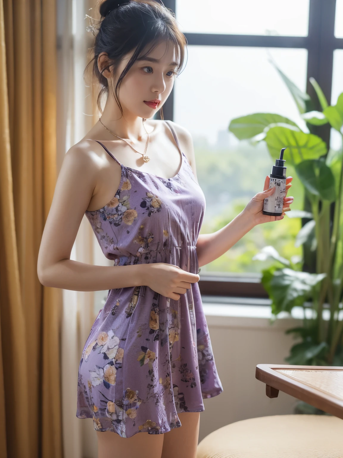 high-definition images, atmospheric perspective, 8k, super detail, accurate, best quality, angle from below, a woman, drooping eyes, sleepy face, blush,(floral purple dress), , necklace, standing portraits ,day scene, pagoda view, hair up, acmm's outfit, black acmm's top , black printed acmm's skirt, holding little serum skincare bottle, posing, in studio, shooting lighting, focus,holding little serum skincare bottle, posing, in studio, shooting lighting, focus