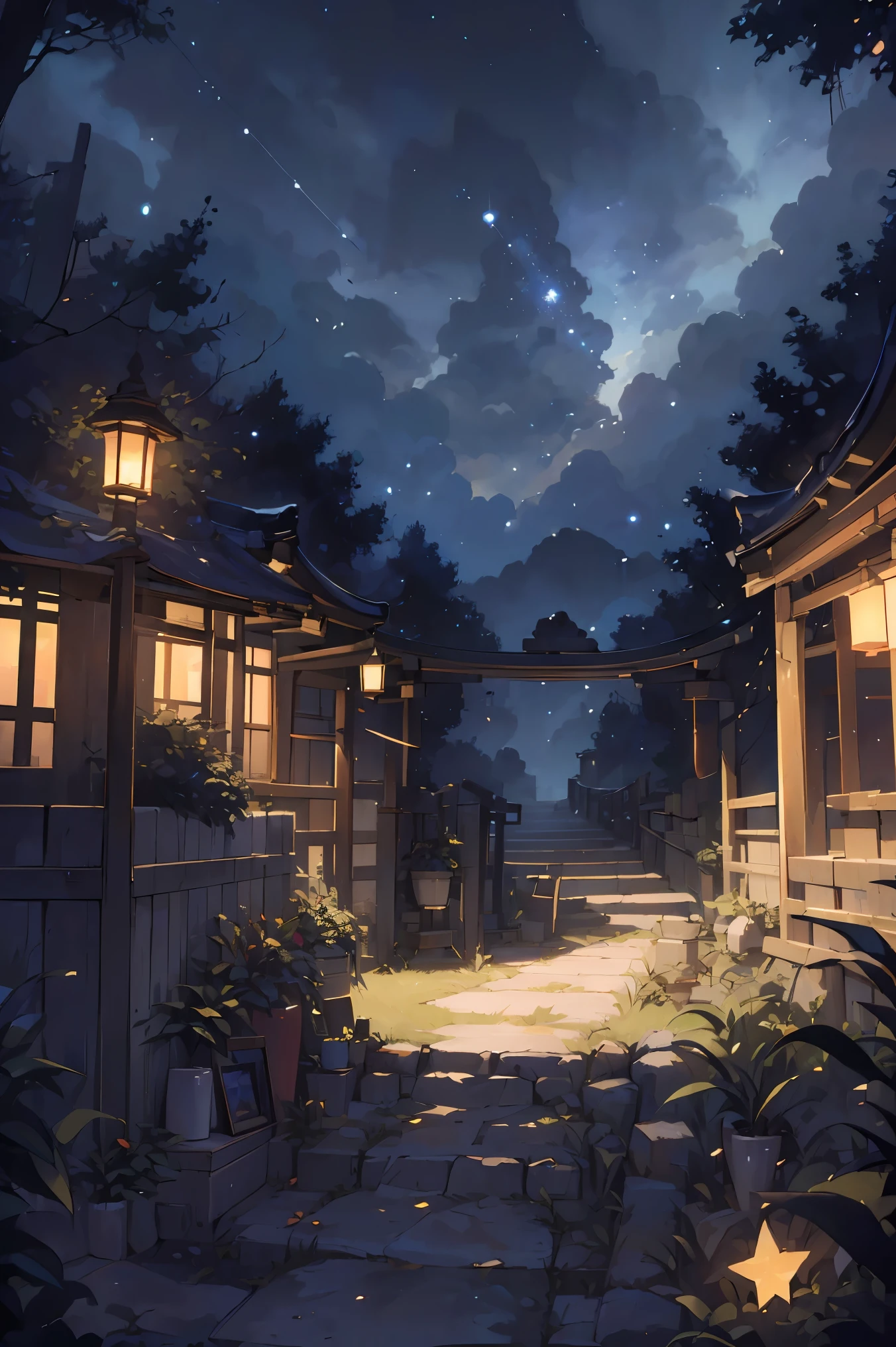 (((masterpiece)))、(((highest quality)))、((super detailed))、The forest sky is already far away。Countless stars scattered in the night sky々、 In response to my stupid voice、burn、 come、wandering wind、Wandering Traveler、 Crossing the sky、drive in the wilderness、Run faster than anything else。 Embracing the light of stardust,kimono,best scenery,Senbon Torii