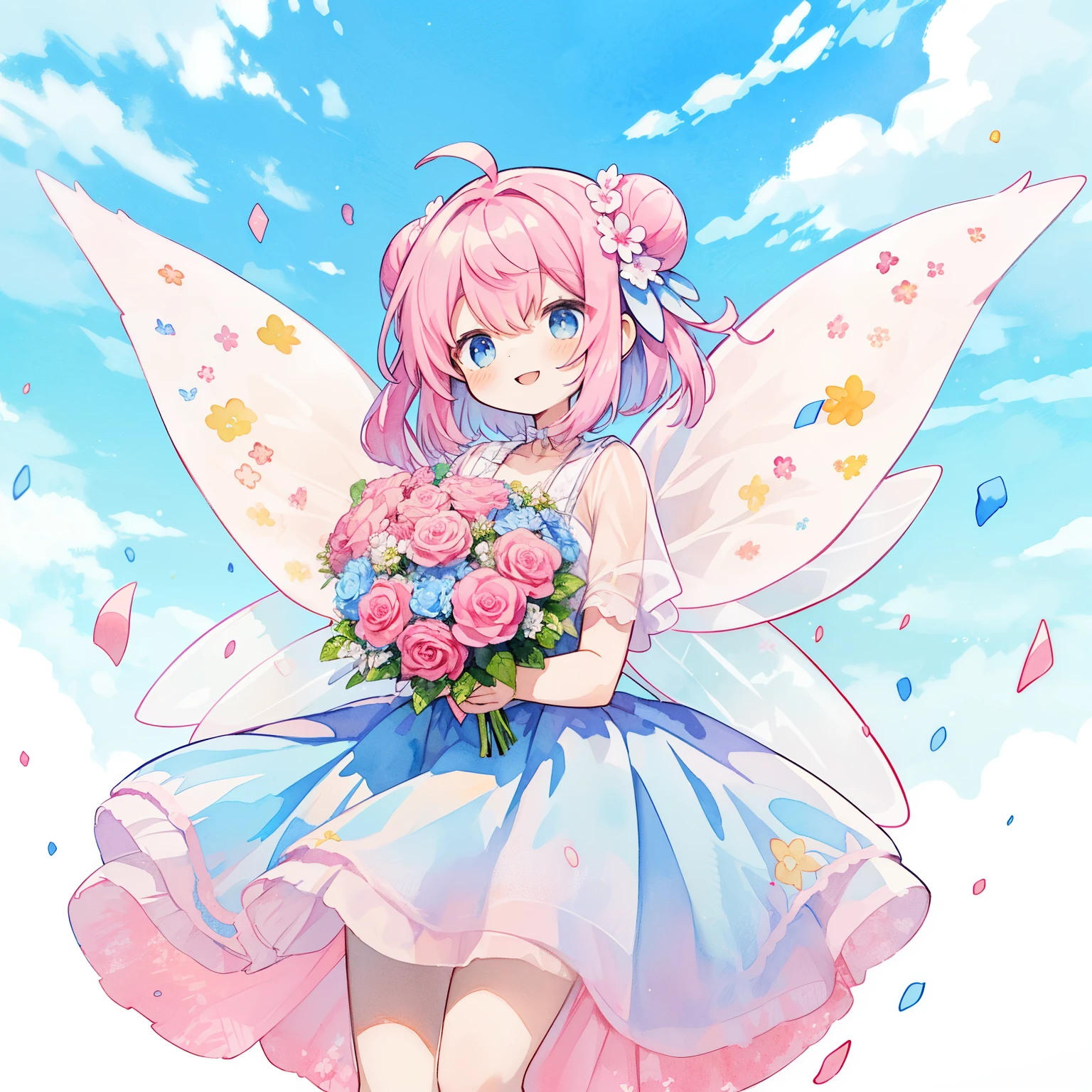 Pastel Watercolor、1girl:1.3、(Wearing large transparent fairy wings with polka dots。:1.3),Falling from the sky,head down, raise your feet, smile、Fairy with a bouquet of flowers、Fancy Fairy、pink haired、Bun head、jump、floating、