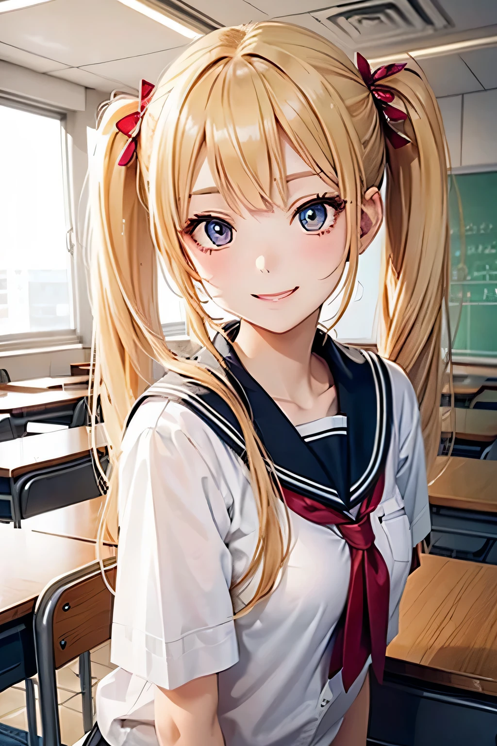 blonde、girl、twin tail hair、classroom、sit、close up of face、smile、Stretch your hands forward
