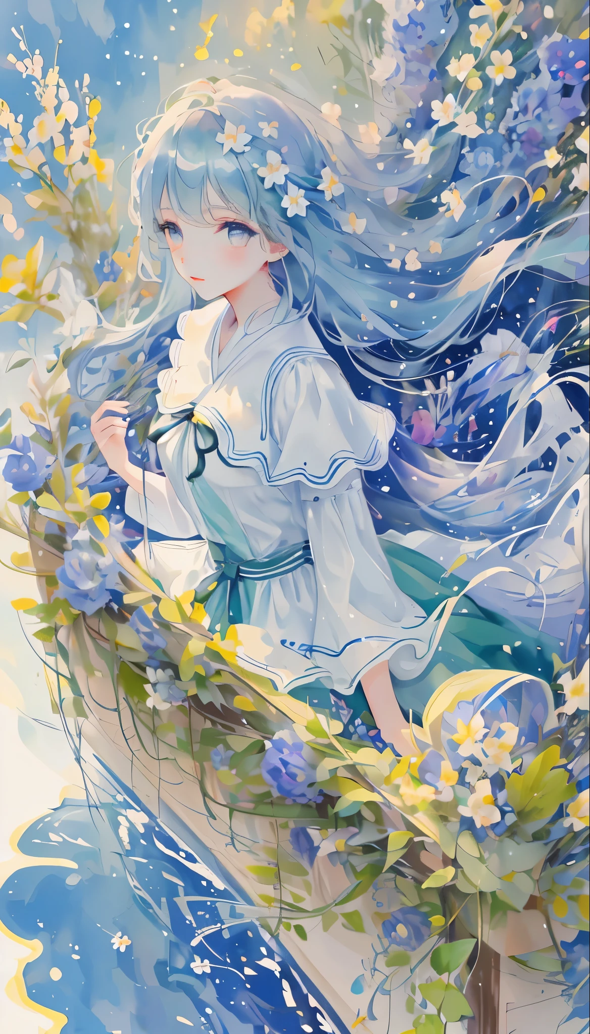 (masterpiece), (best quality), (Super detailed),(Disk hair),(illustration), (1girl), (fashion clothing), Permanently installed, fashion model, looking at the audience, (interview), (simple background), beautiful and delicate eyes, Exquisite and beautiful face, floating, (high saturation), (colorful splash), Colorful bubbles, (shine), focus on face, Ayaka Kamisato, light blue hair, Bangs, Hair ring, floating flowers, floating hair. girl, anime grandma, looking at the audience, Very detailed, reflective transparent iridescent colors, Transparent iridescent RGB long hair, Works by Serafleur from artstation, thick acrylic, illustration on pixiv, waist up portrait, Gorgeous saints, best quality, super detailed, sad, clever, pretty face, Character styles rendered by Octane,
